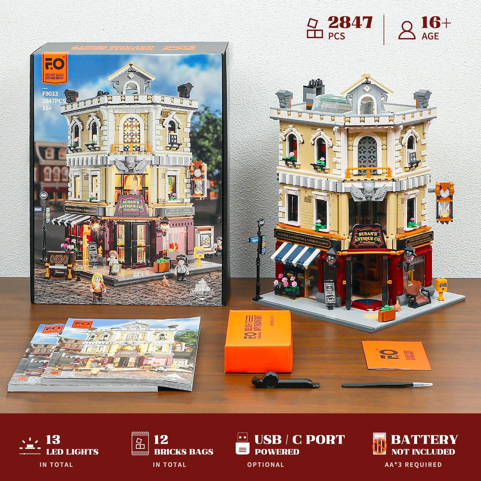 FUNWHOLE Antique-Store Lighting Building-Bricks Set - City Town Corner Collectibles Shop LED Light Modular Building Model Set 2847 Pcs for Adults and Teen - Image 6
