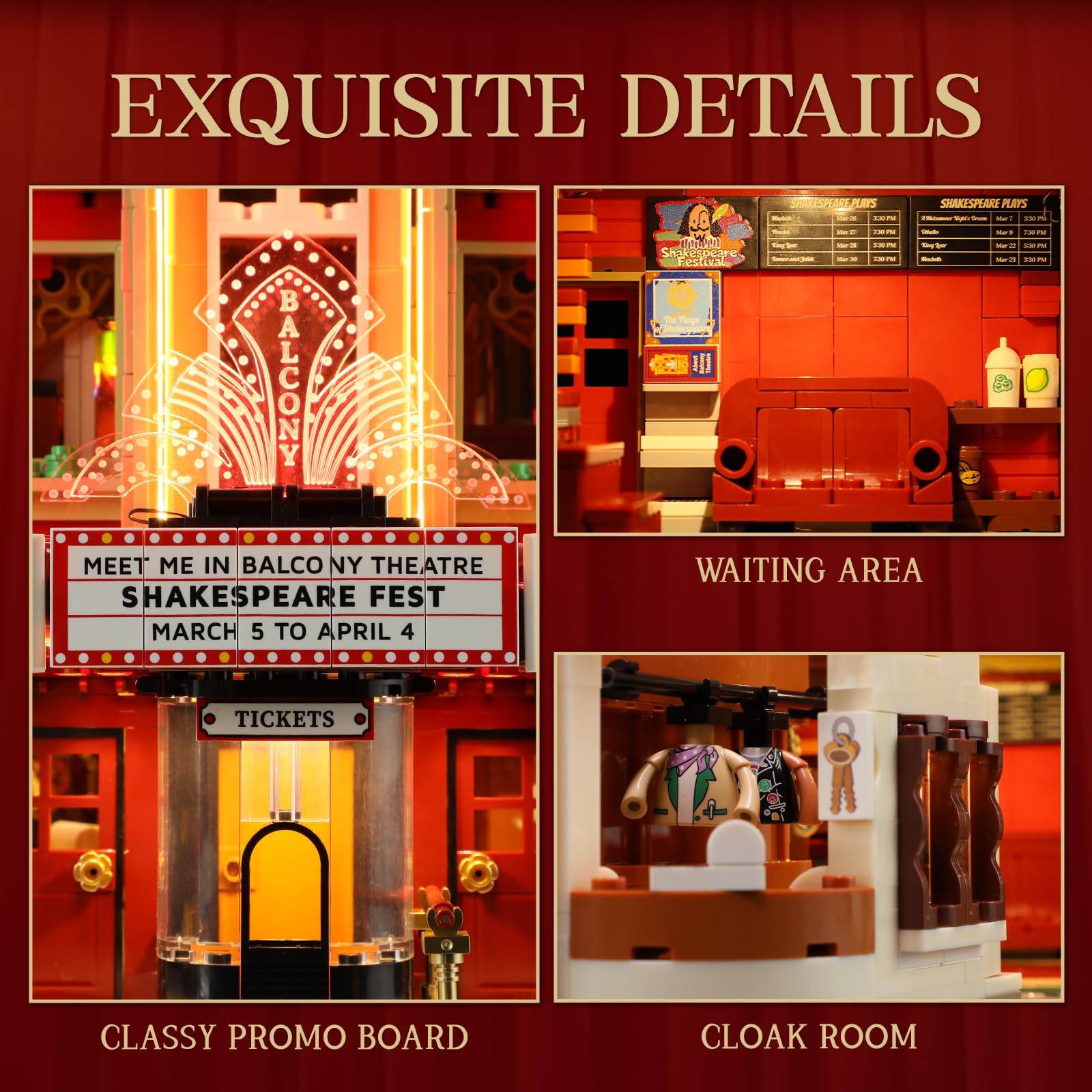 FUNWHOLE Balcony-Theatre Lighting Building-Bricks Set - City Town Creator House with LED Light Multi-Form Modular Collectible Display Kit 2445 Pcs for Adults and Movie Lovers - Image 3