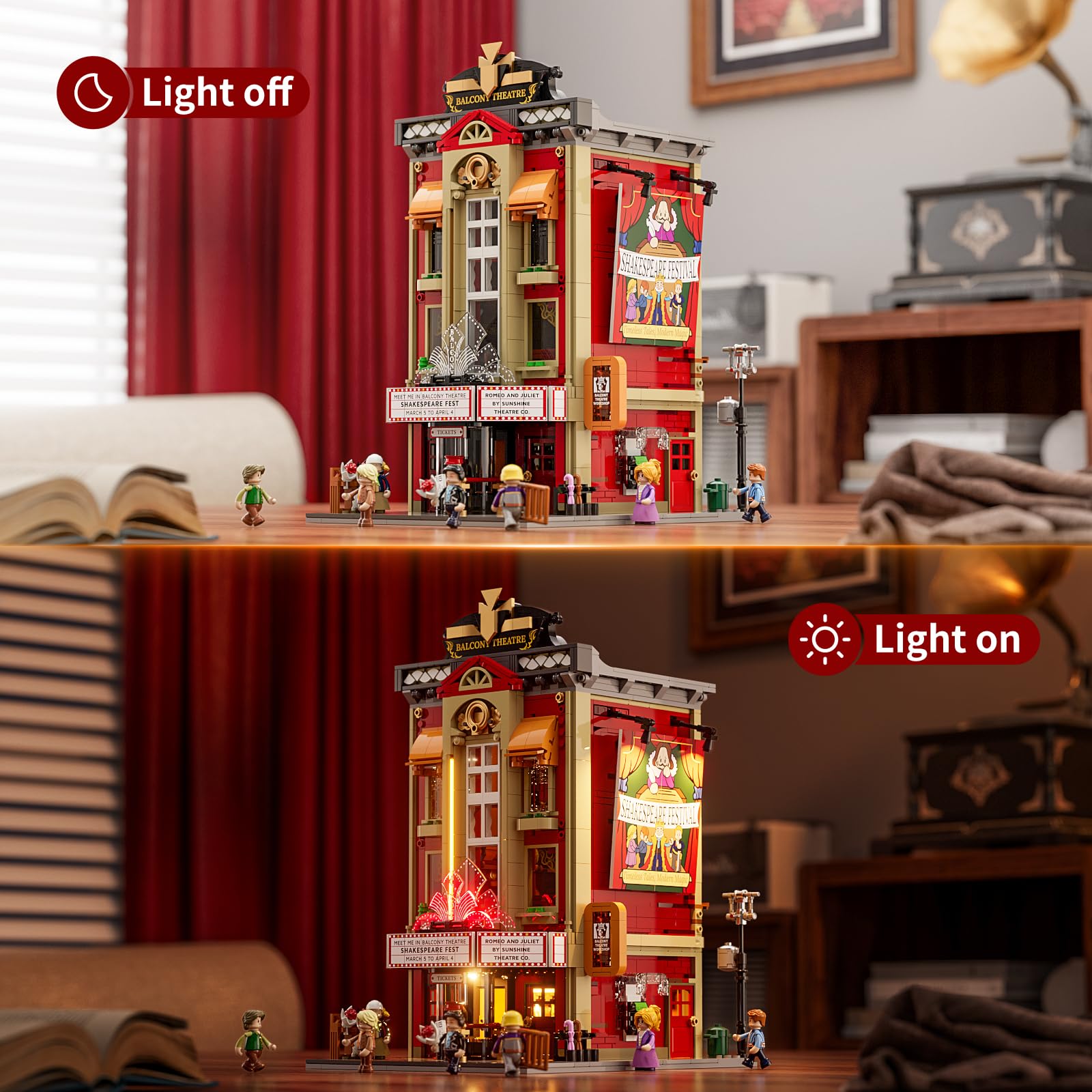 FUNWHOLE Balcony-Theatre Lighting Building-Bricks Set - City Town Creator House with LED Light Multi-Form Modular Collectible Display Kit 2445 Pcs for Adults and Movie Lovers - Image 6