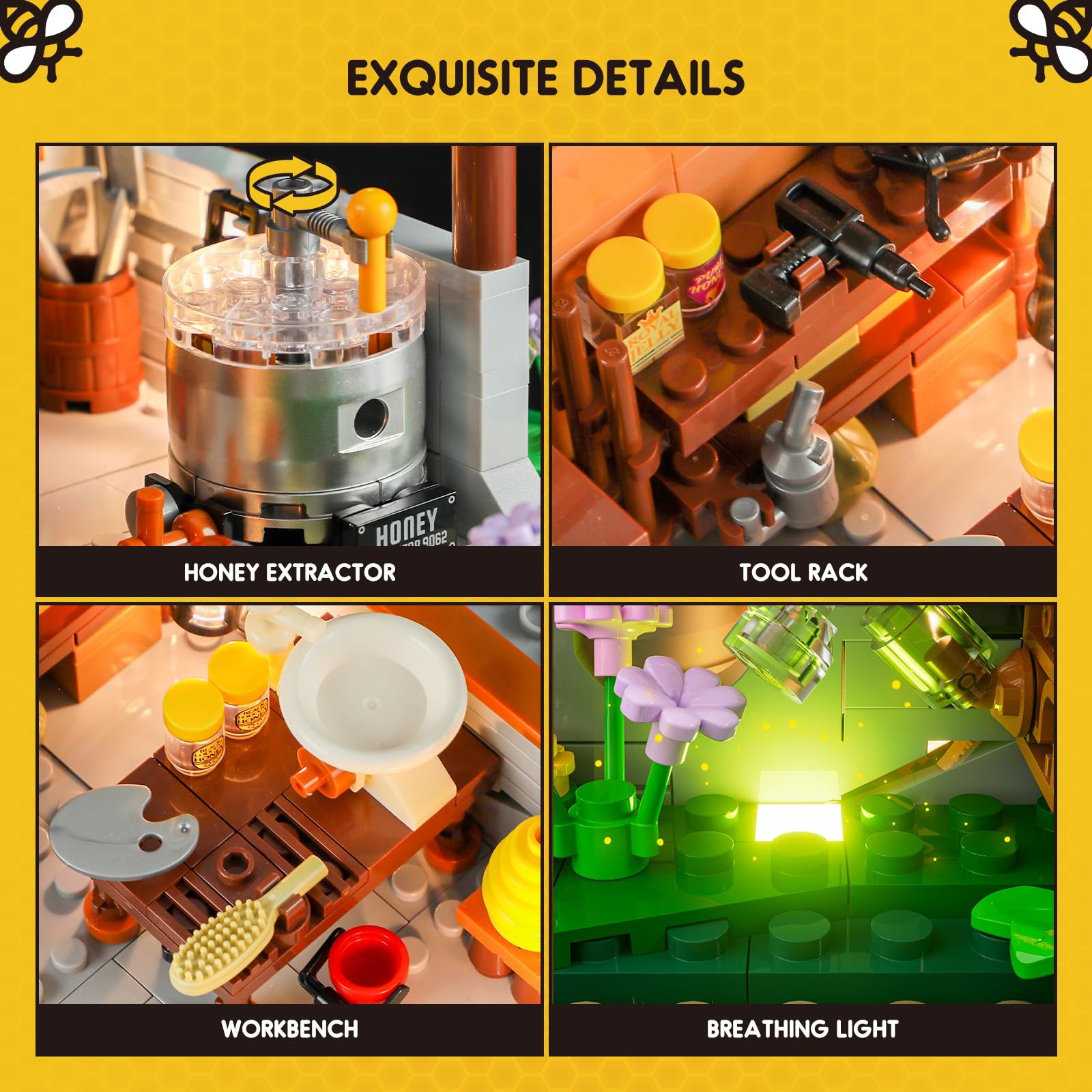 FUNWHOLE Bee-Farm Lighting Building-Bricks Set - Farm Bee Cottage Honey Workshop Collection LED Light Building Set 1274 Pcs for Adults and Teen - Image 4