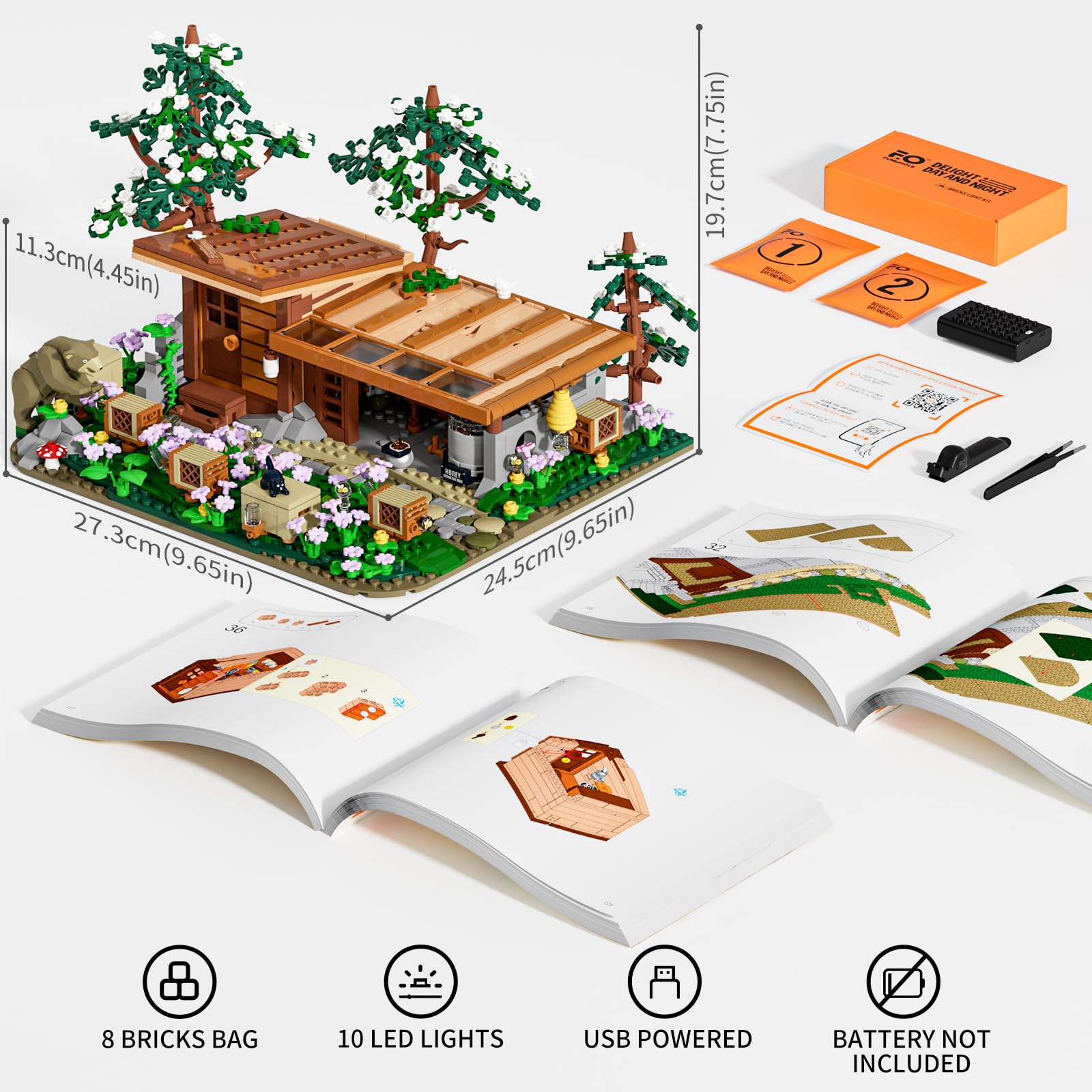 FUNWHOLE Bee-Farm Lighting Building-Bricks Set - Farm Bee Cottage Honey Workshop Collection LED Light Building Set 1274 Pcs for Adults and Teen - Image 6