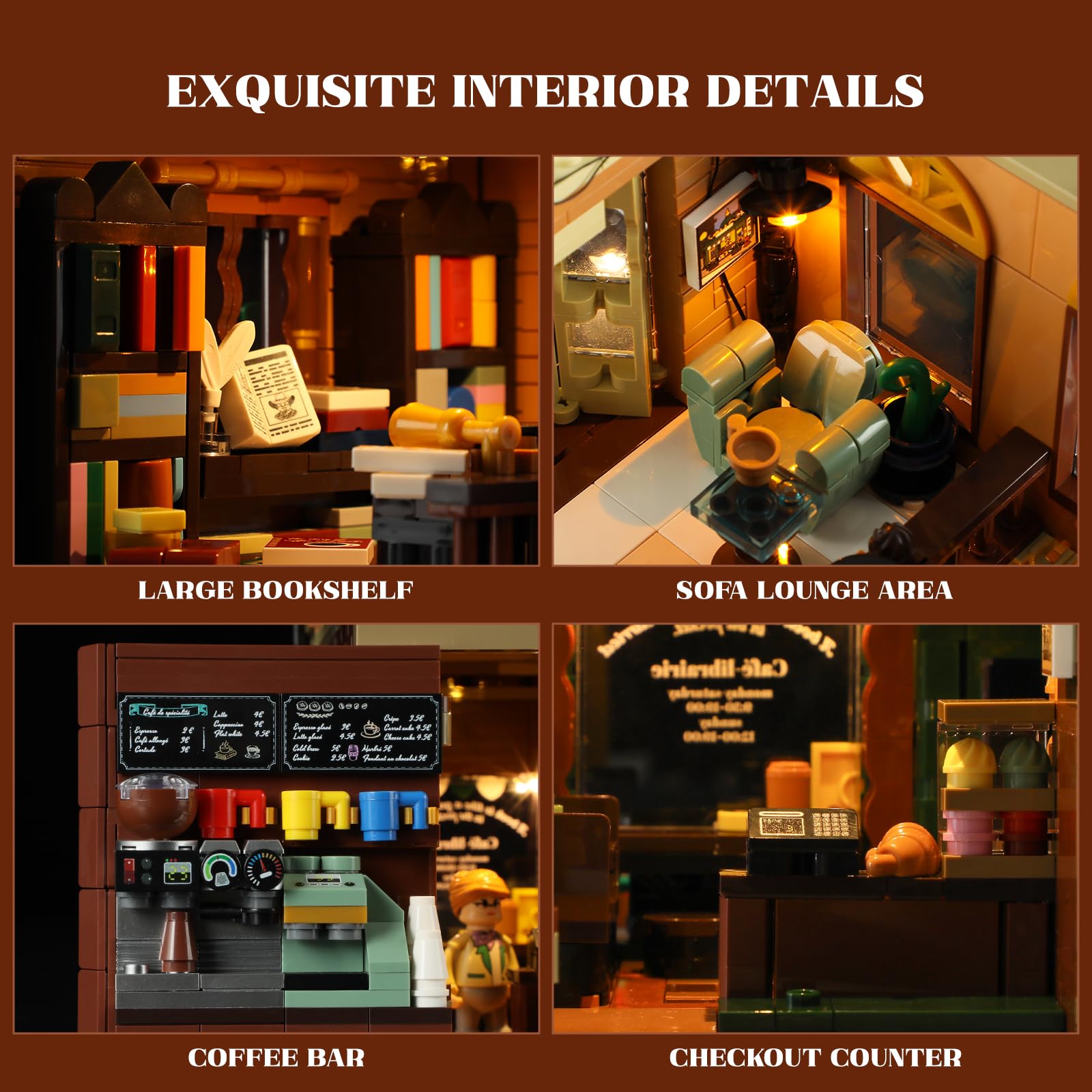 Funwhole Book-Cafe Lighting Building-Bricks Set - City Town Coffee House LED Light Modular Construction Building Model Sets 1718 Pcs for Adults and Teen - Image 4