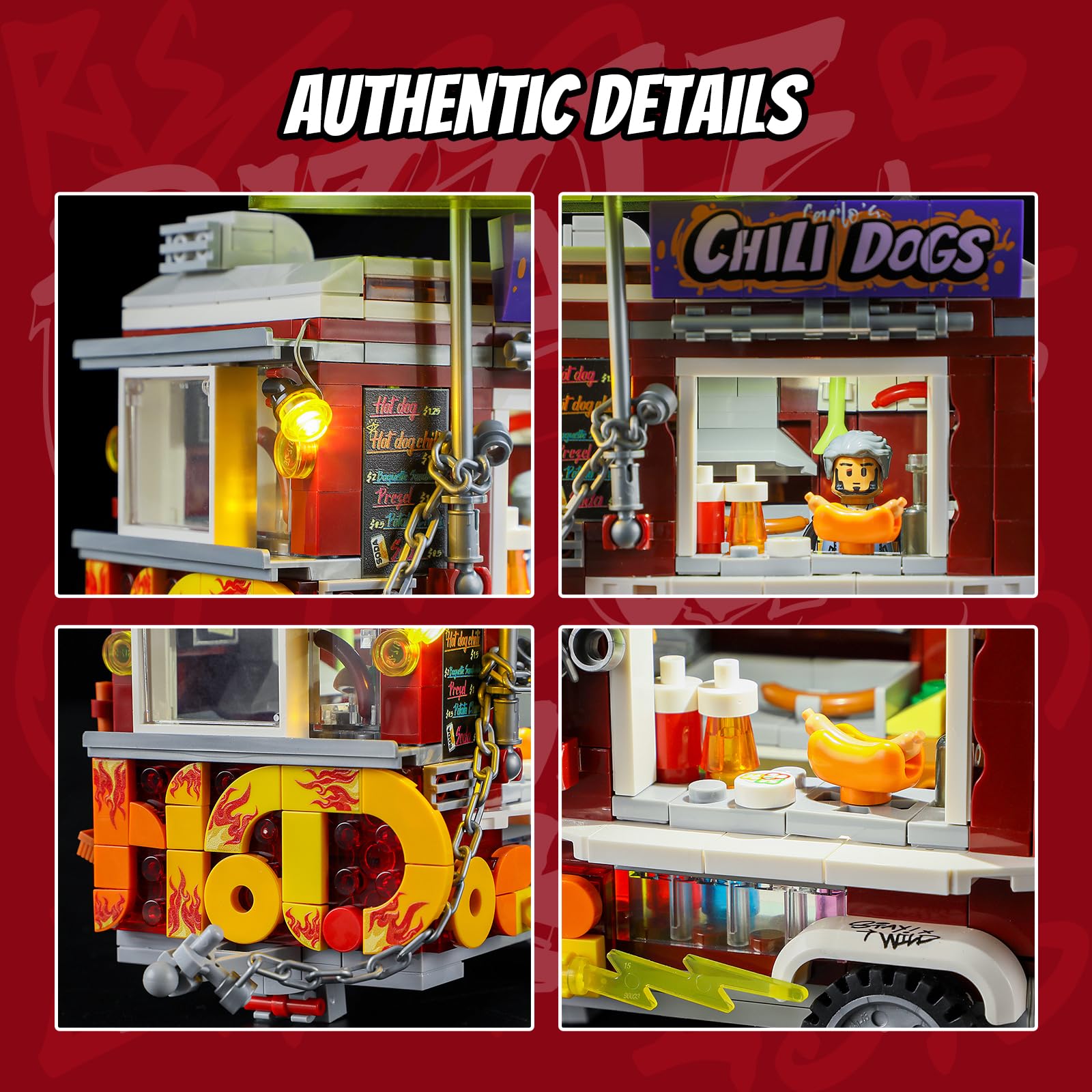 FUNWHOLE Chili Dog Trailer Lighting Building Bricks Set - Street Fusion City Town Hot Food Truck with LED Light Display Kit 515 Pcs for Adults & Teens & Street Cultrue Lovers - Image 3