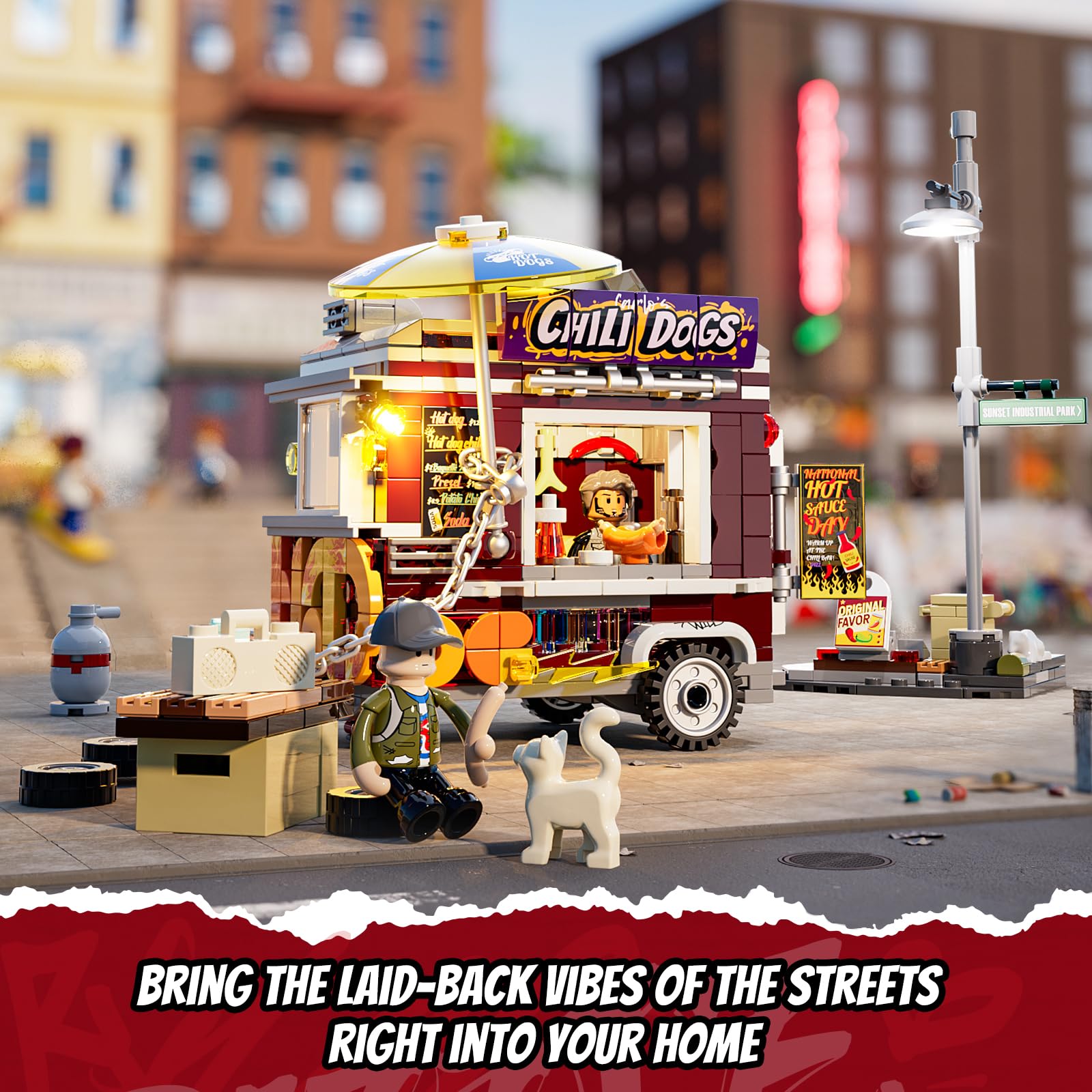 FUNWHOLE Chili Dog Trailer Lighting Building Bricks Set - Street Fusion City Town Hot Food Truck with LED Light Display Kit 515 Pcs for Adults & Teens & Street Cultrue Lovers - Image 4