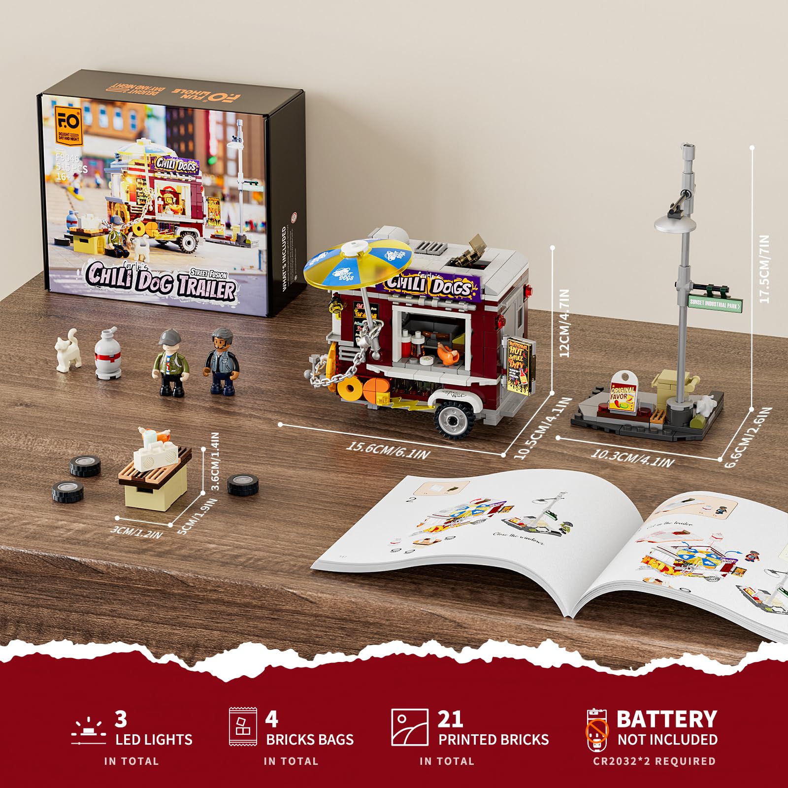 FUNWHOLE Chili Dog Trailer Lighting Building Bricks Set - Street Fusion City Town Hot Food Truck with LED Light Display Kit 515 Pcs for Adults & Teens & Street Cultrue Lovers - Image 6