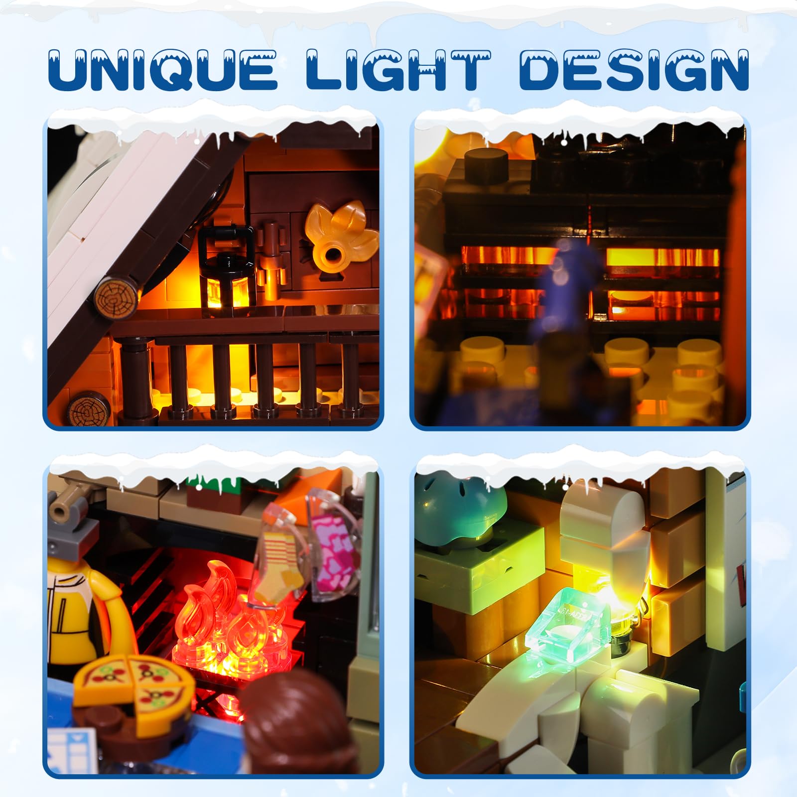 FUNWHOLE Christmas Ski-Cabin Lighting Building-Bricks-Set - Retro Christmas Winter Snow House Collection LED Light Building Construction Holiday Model Set 2187 Pcs for Adults and Teen - Image 4