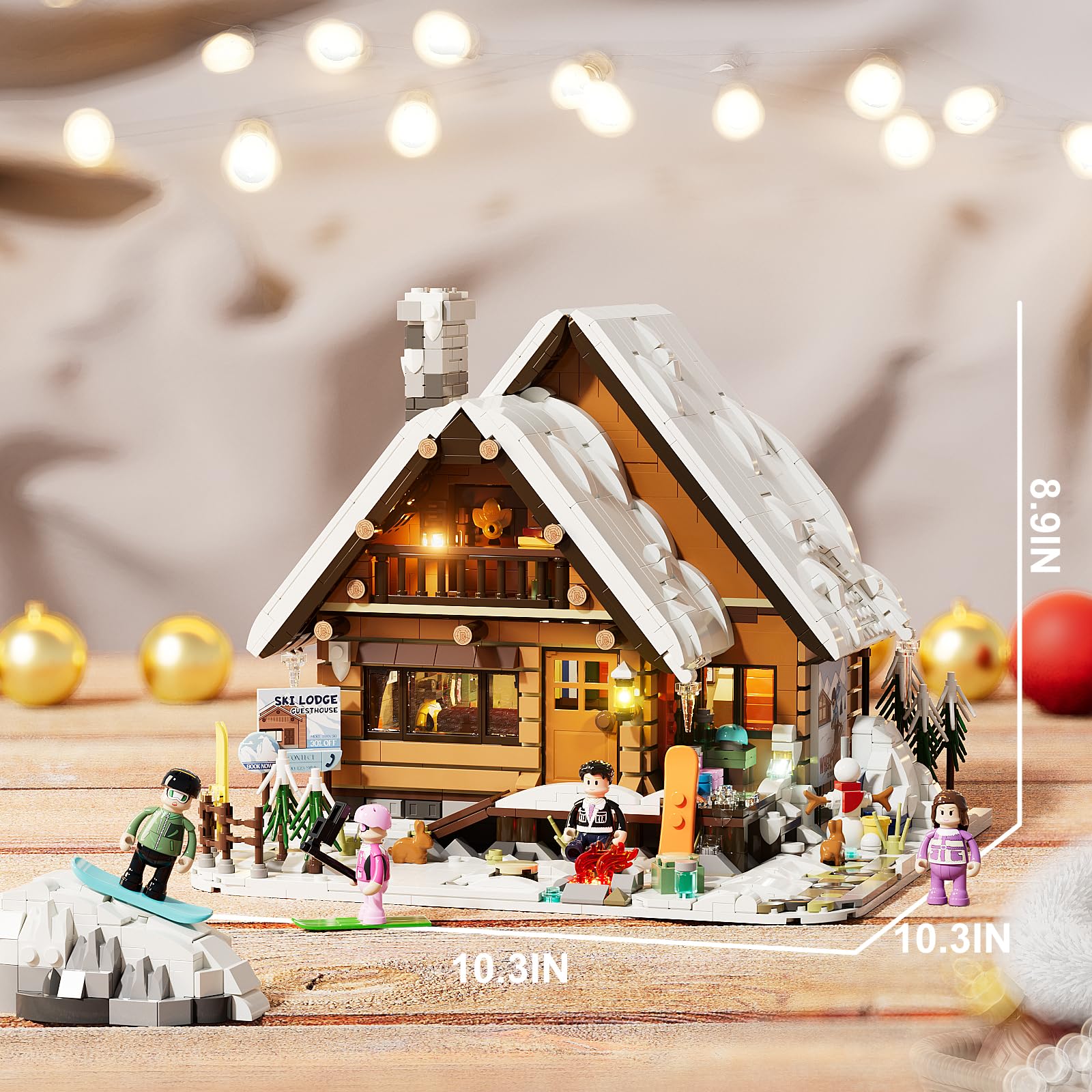 FUNWHOLE Christmas Ski-Cabin Lighting Building-Bricks-Set - Retro Christmas Winter Snow House Collection LED Light Building Construction Holiday Model Set 2187 Pcs for Adults and Teen - Image 6