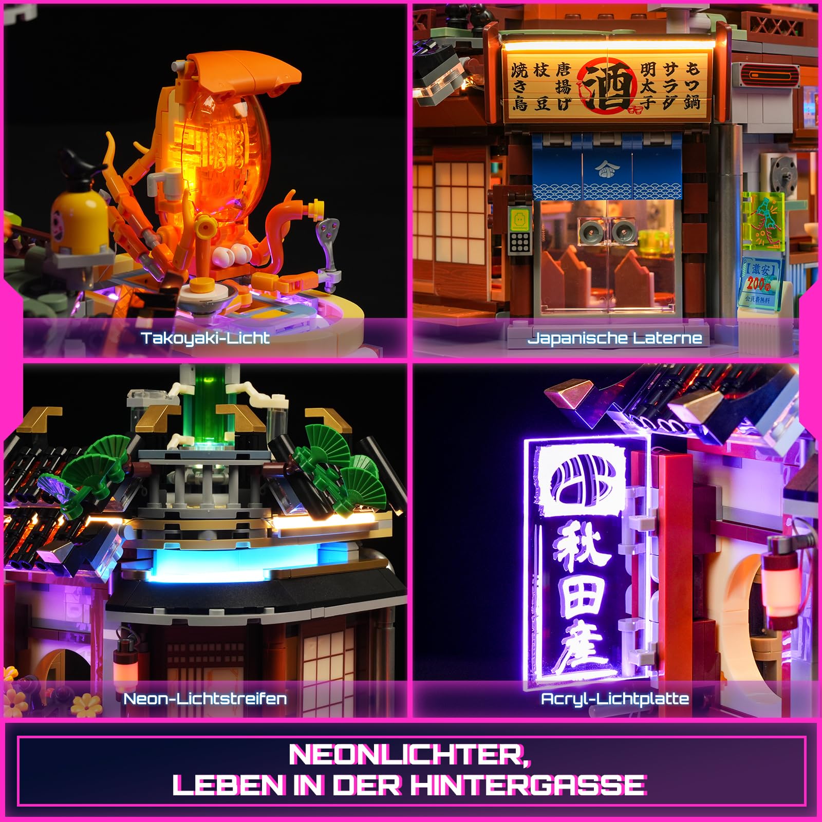 FUNWHOLE Cyberpunk Japanese-Izakaya Lighting-Building-Bricks Set - Cyberpunk Neon City Future Pub Japanese Street View House Collection LED Light Model Set 1987 Pcs for Adults and Sci-fi Lovers - Image 3