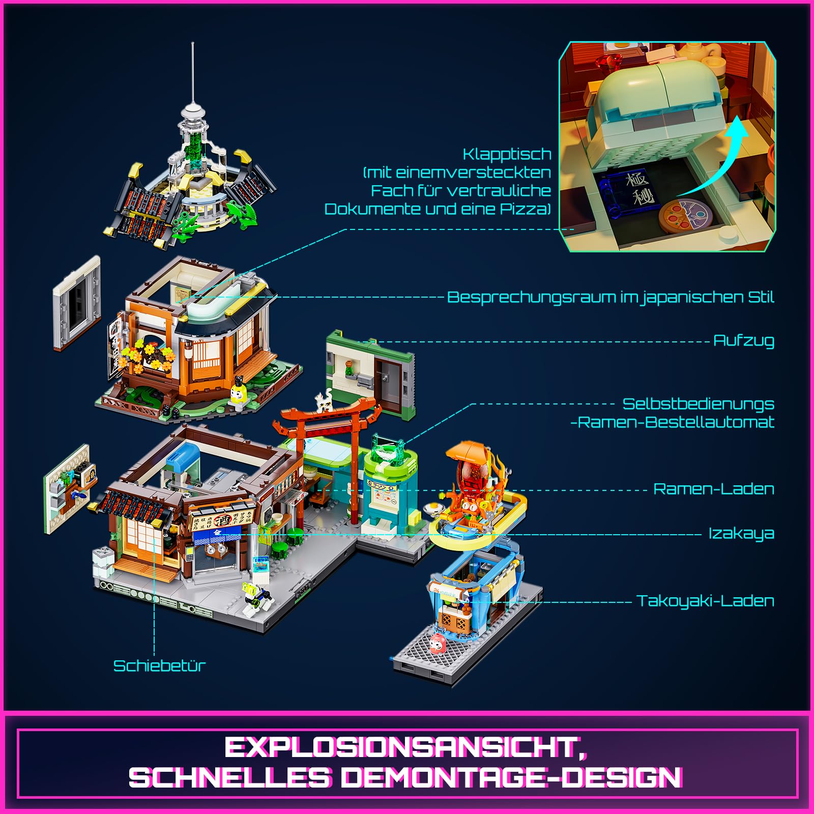 FUNWHOLE Cyberpunk Japanese-Izakaya Lighting-Building-Bricks Set - Cyberpunk Neon City Future Pub Japanese Street View House Collection LED Light Model Set 1987 Pcs for Adults and Sci-fi Lovers - Image 5