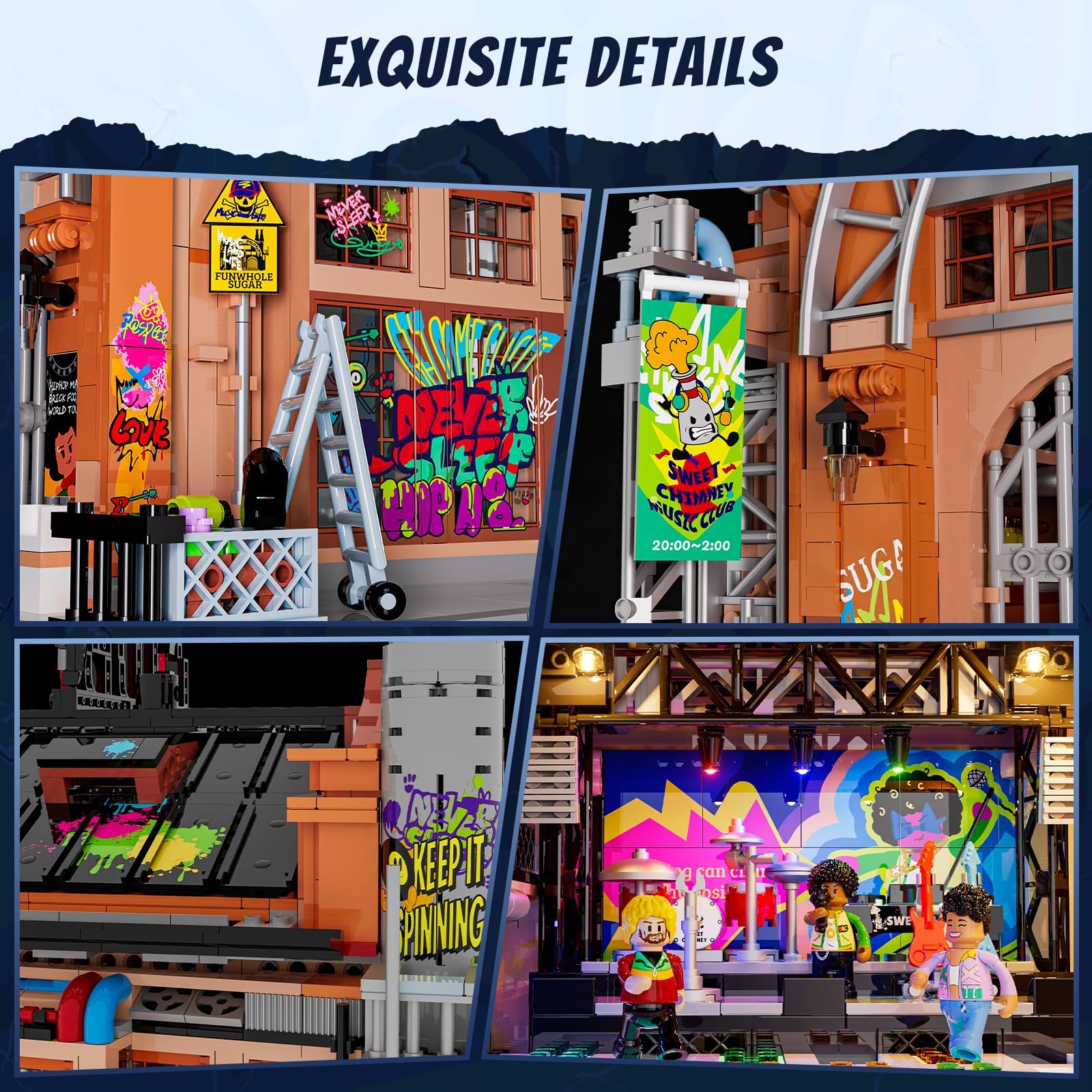 FUNWHOLE Factory House of Music Lighting Building Bricks Set - Street Fusion Music Club City Town Fully Accessible Multi-Form Modular Collection Kit 2654 Pcs for Adults & Teens & Street Culture Lovers - Image 5