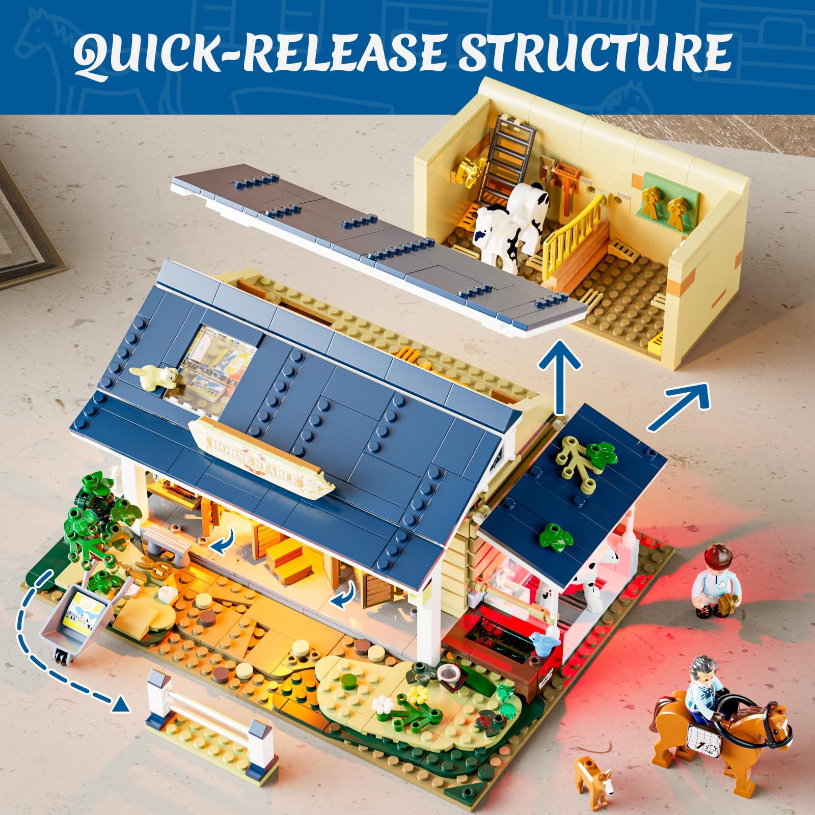 FUNWHOLE Farm Horse-Stable Lighting-Building-Bricks Set - Farm Life Horse Animals Cabin Collection LED Light Cottage Model Display Set 973 Pcs for Adults and Teen - Image 3