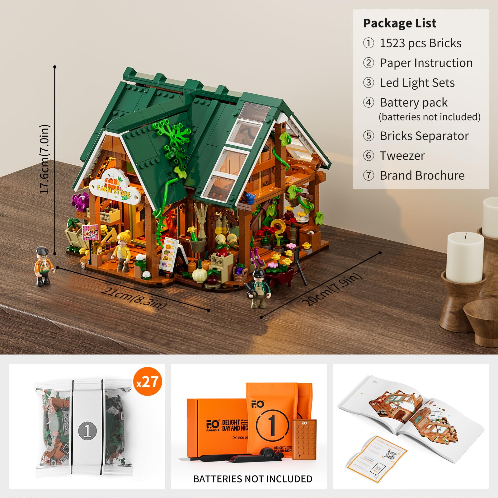 Funwhole Farm-Store Lighting Building-Bricks Set - Farm Shop LED Light Construction Building Model Set 1523 Pcs for Adults and Teen - Image 4