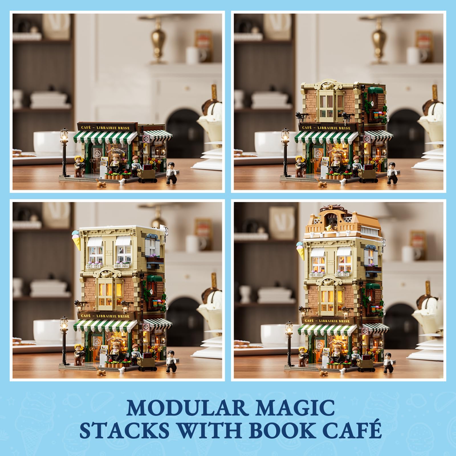 FUNWHOLE Gelato-Store Lighting Building-Bricks Set - City Town Ice Cream Shop LED Light Modular Collection Kit 1948 Pcs Display Model for Adults and Dessert Lovers - Image 3