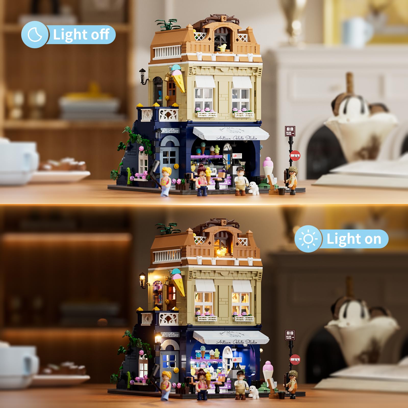 FUNWHOLE Gelato-Store Lighting Building-Bricks Set - City Town Ice Cream Shop LED Light Modular Collection Kit 1948 Pcs Display Model for Adults and Dessert Lovers - Image 4