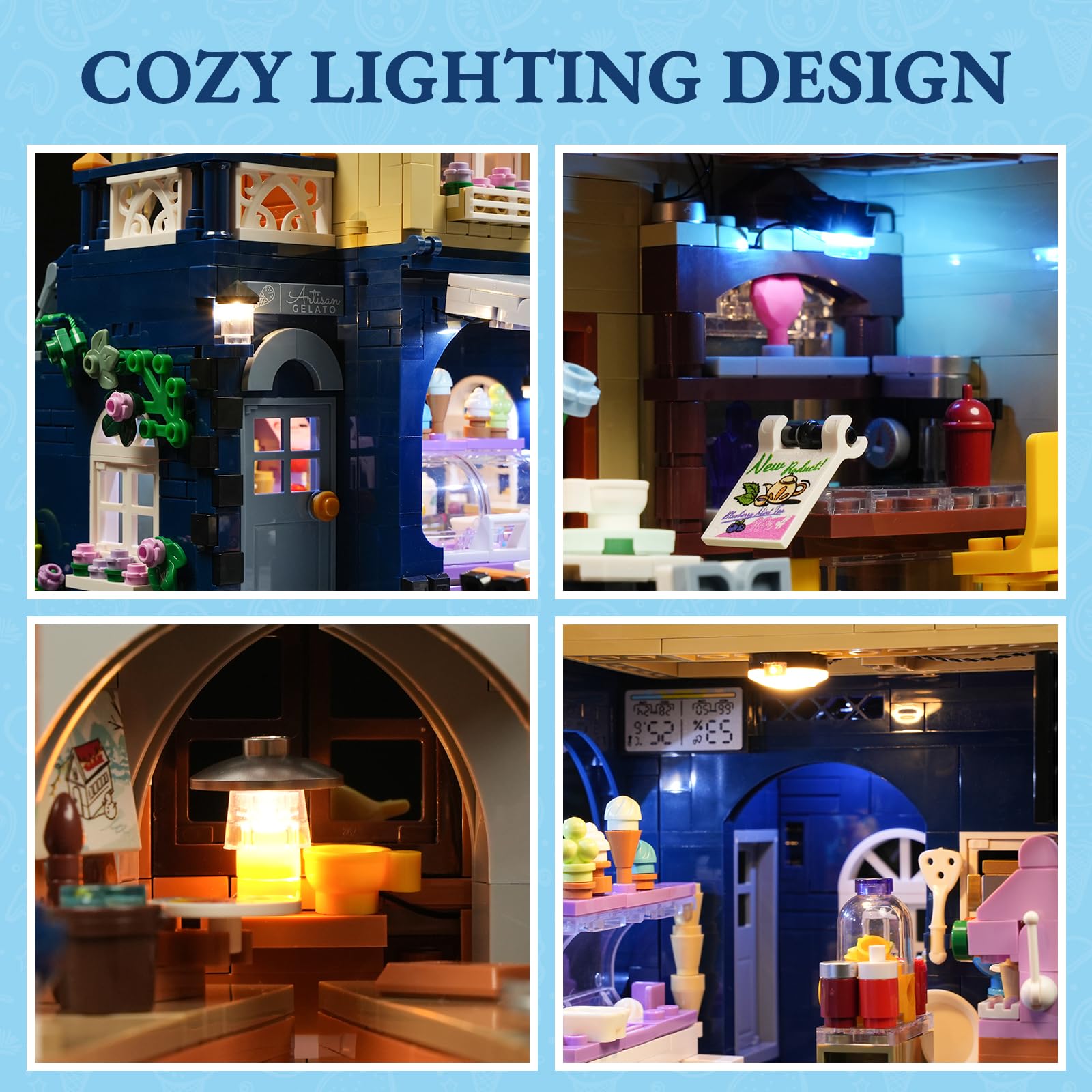 FUNWHOLE Gelato-Store Lighting Building-Bricks Set - City Town Ice Cream Shop LED Light Modular Collection Kit 1948 Pcs Display Model for Adults and Dessert Lovers - Image 5