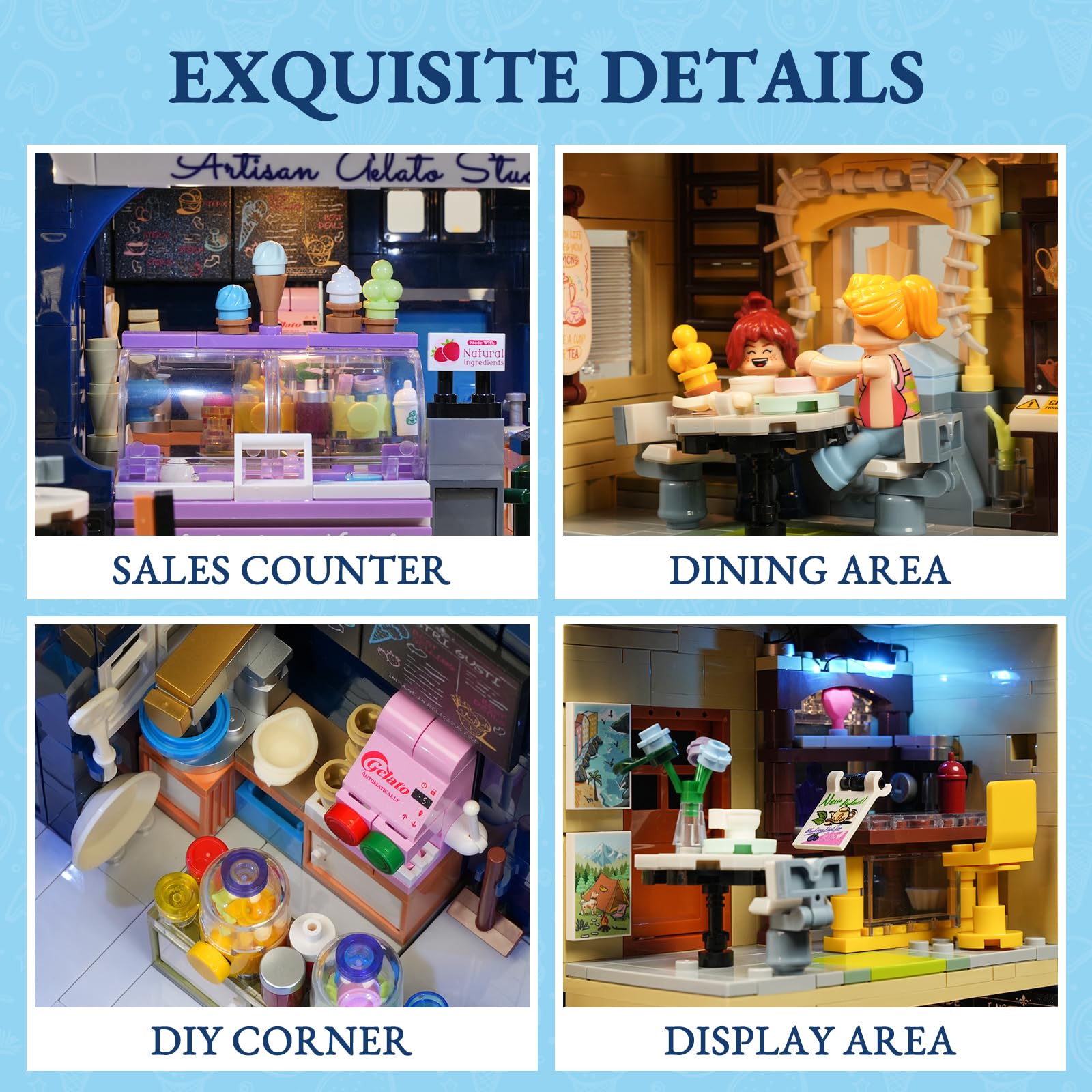 FUNWHOLE Gelato-Store Lighting Building-Bricks Set - City Town Ice Cream Shop LED Light Modular Collection Kit 1948 Pcs Display Model for Adults and Dessert Lovers - Image 6