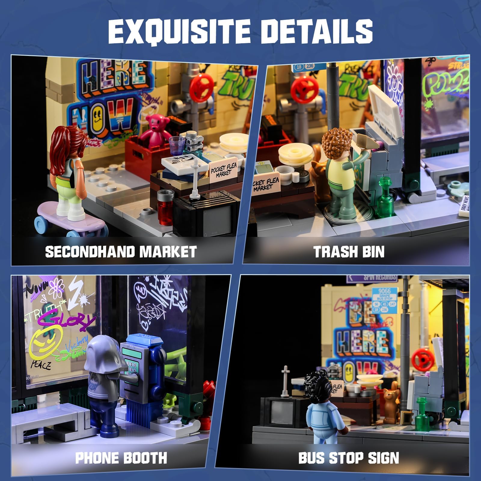 FUNWHOLE Graffiti Bus Stop Lighting Building Bricks Set - Street Fusion City Town Bus Station with LED Lgiht Multi-Form Modular Collection Kit 514 Pcs for Adults & Teens & Street Culture Lovers - Image 3