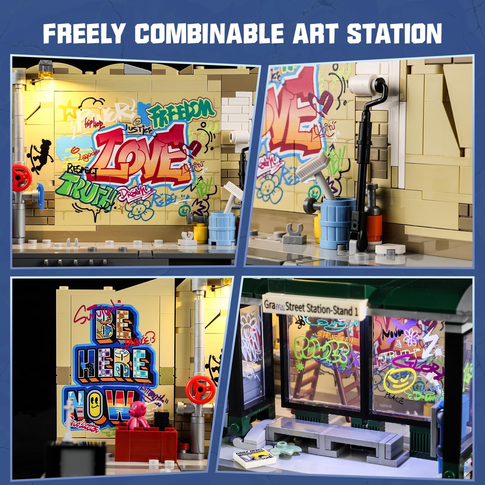 FUNWHOLE Graffiti Bus Stop Lighting Building Bricks Set - Street Fusion City Town Bus Station with LED Lgiht Multi-Form Modular Collection Kit 514 Pcs for Adults & Teens & Street Culture Lovers - Image 4