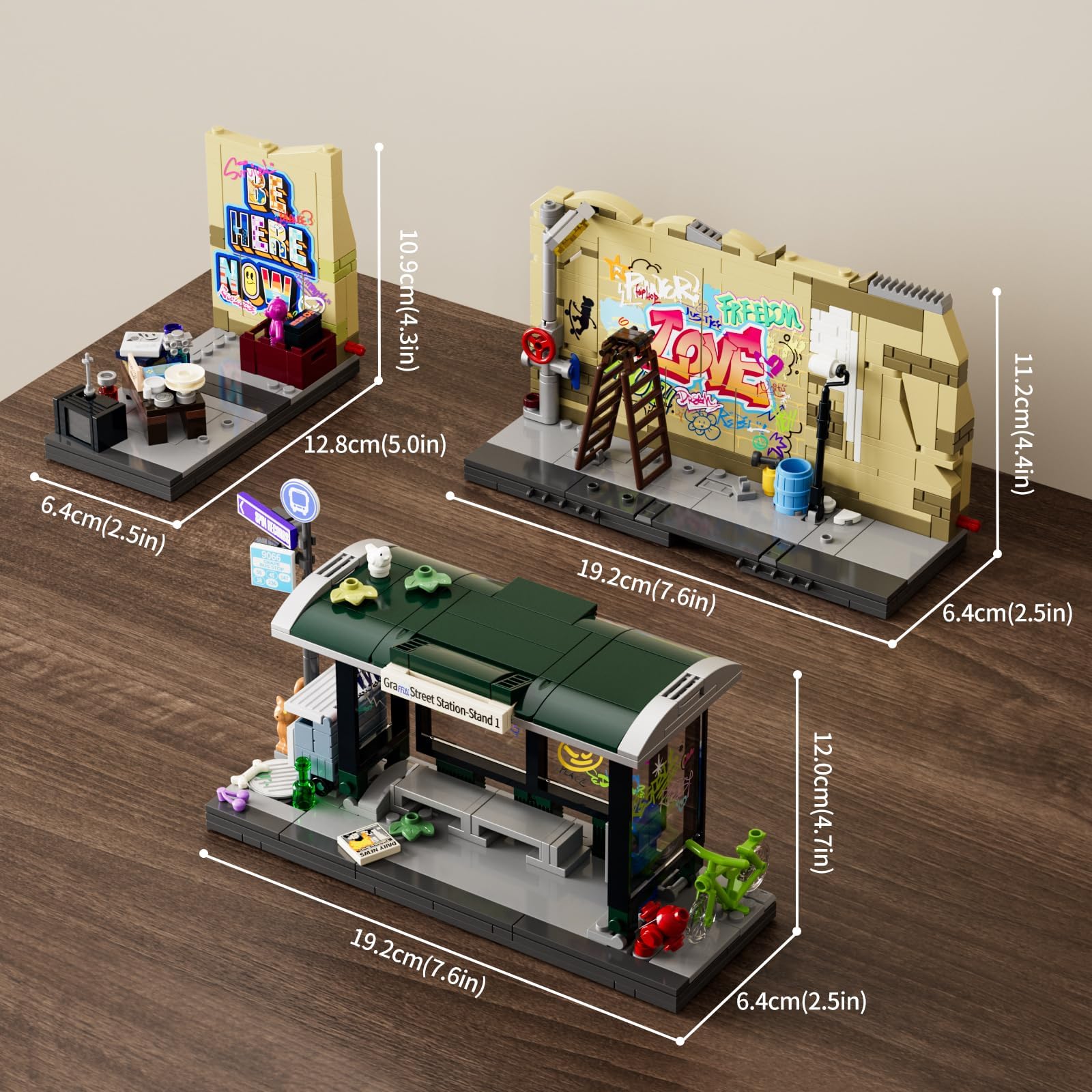 FUNWHOLE Graffiti Bus Stop Lighting Building Bricks Set - Street Fusion City Town Bus Station with LED Lgiht Multi-Form Modular Collection Kit 514 Pcs for Adults & Teens & Street Culture Lovers - Image 7