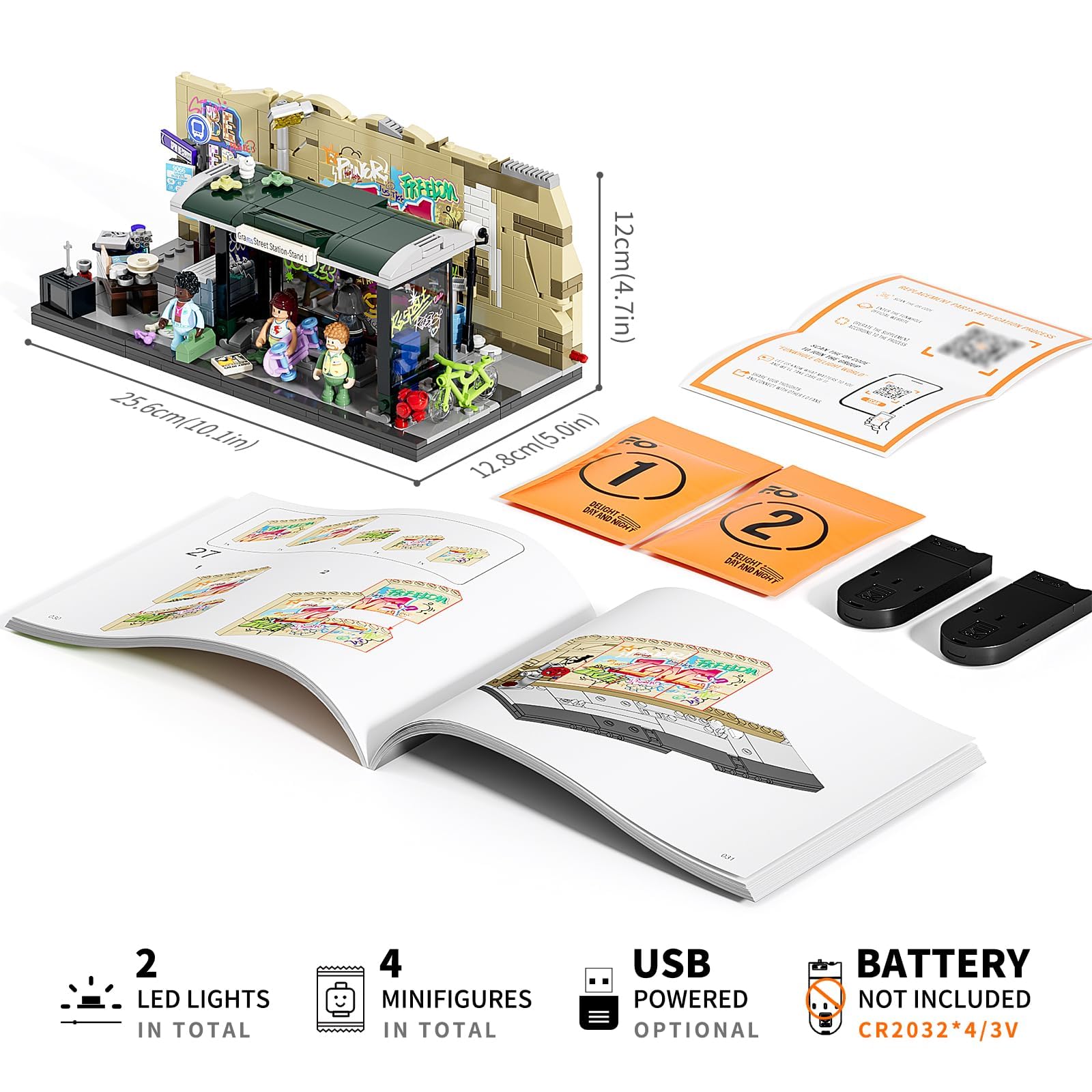 FUNWHOLE Graffiti Bus Stop Lighting Building Bricks Set - Street Fusion City Town Bus Station with LED Lgiht Multi-Form Modular Collection Kit 514 Pcs for Adults & Teens & Street Culture Lovers - Image 8