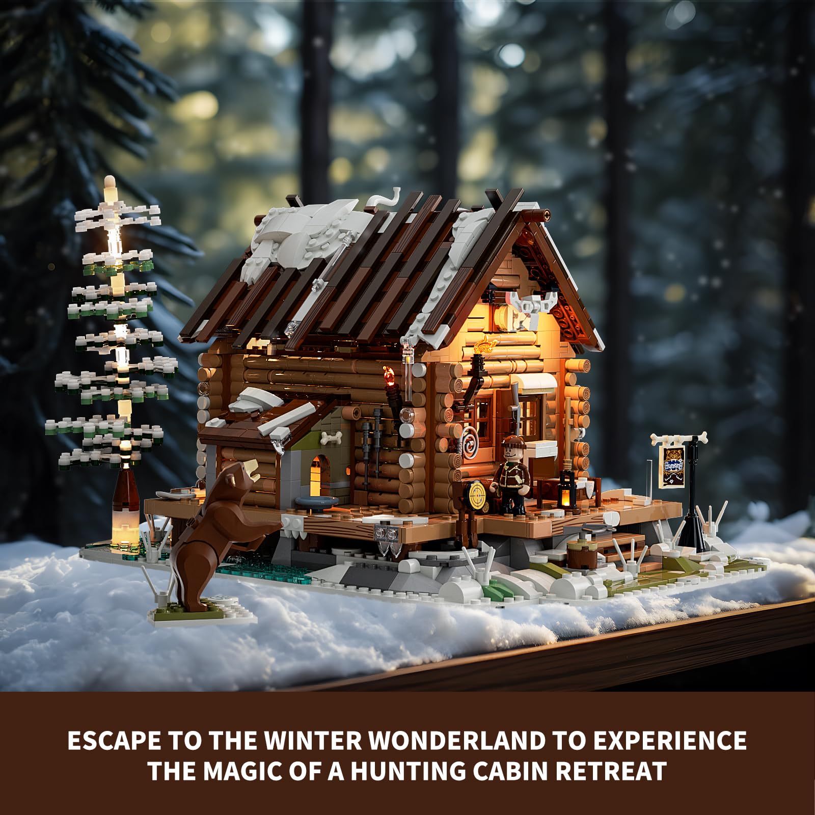 FUNWHOLE Hunting-Cabin Lighting Building-Bricks Set - Retro Wooden Cabin LED Light Construction Building Model Set 2036 Pcs for Adults and Teen - Image 4