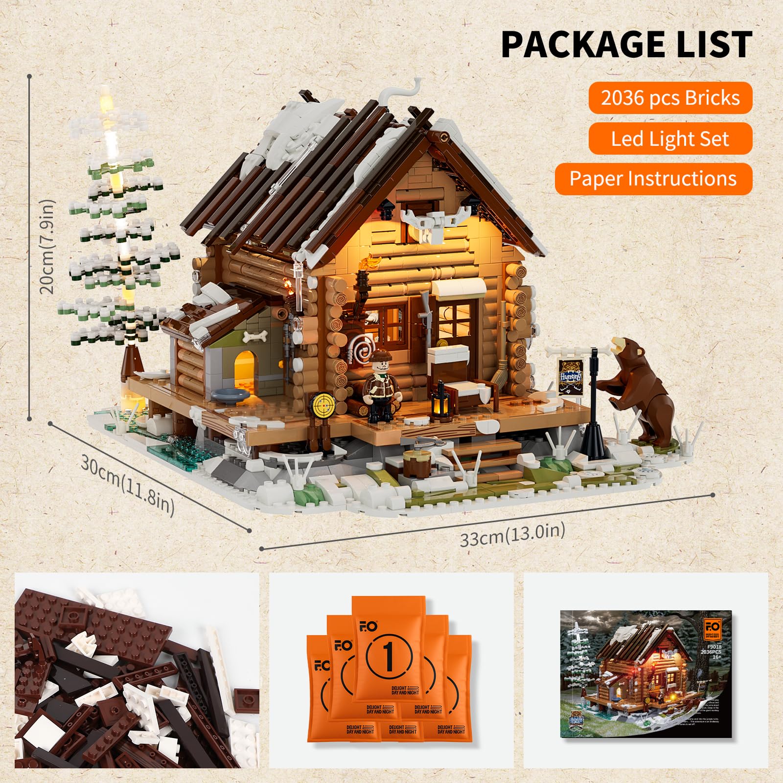 FUNWHOLE Hunting-Cabin Lighting Building-Bricks Set - Retro Wooden Cabin LED Light Construction Building Model Set 2036 Pcs for Adults and Teen - Image 6