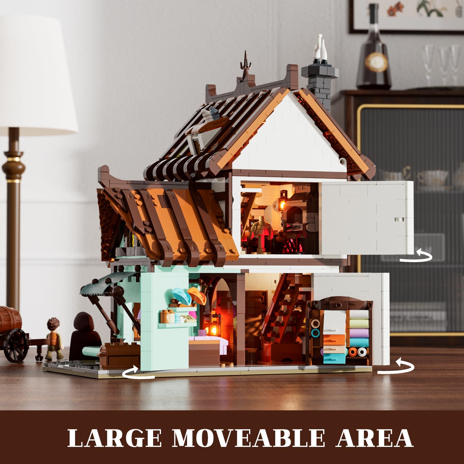 FUNWHOLE Medieval Tailor Shop Lighting Building Bricks Set - Middle Ages City Town Tailoring Studio Multi-Form Modular Collection Kit 1994 Pcs for Adults & Teens - Image 3