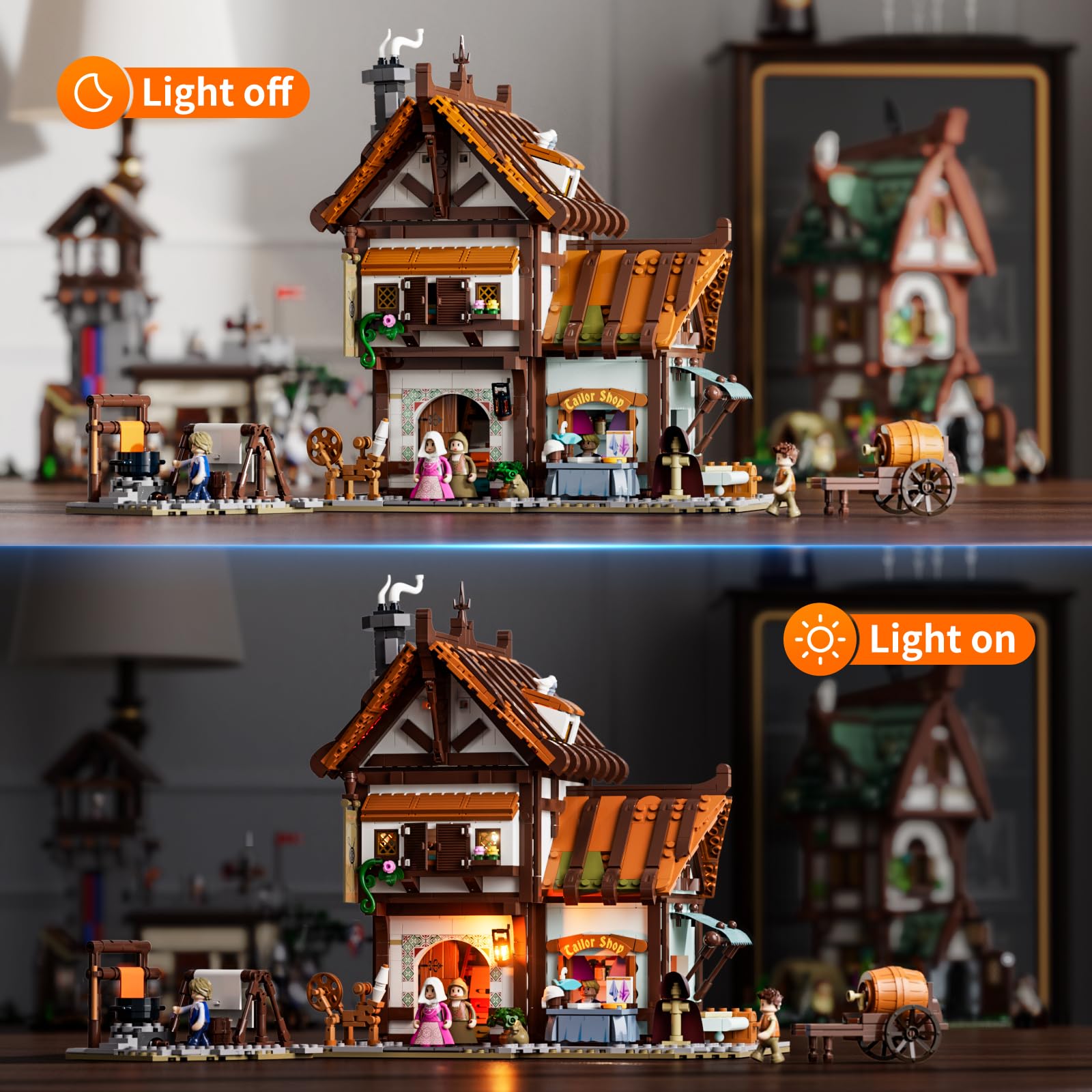 FUNWHOLE Medieval Tailor Shop Lighting Building Bricks Set - Middle Ages City Town Tailoring Studio Multi-Form Modular Collection Kit 1994 Pcs for Adults & Teens - Image 4