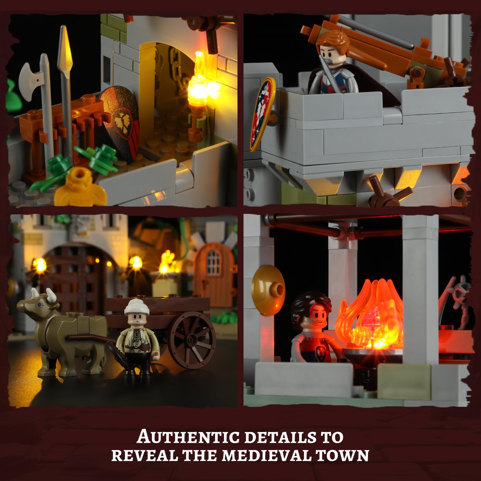 FUNWHOLE Medieval Watchtower Lighting Building-Bricks Set - Guardiance Castle with Soldier Farmer Minifigures Collectible Display Set 1625 Pcs for Adults and Teen - Image 3