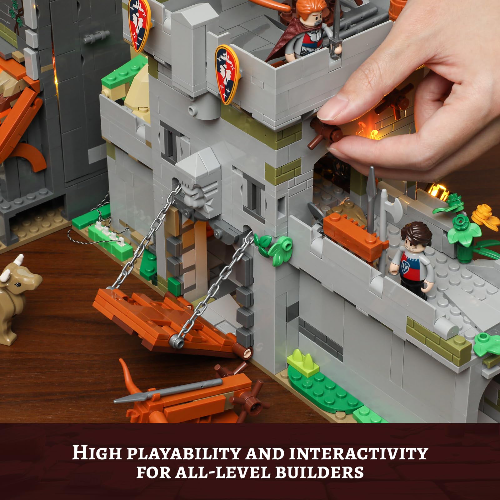 FUNWHOLE Medieval Watchtower Lighting Building-Bricks Set - Guardiance Castle with Soldier Farmer Minifigures Collectible Display Set 1625 Pcs for Adults and Teen - Image 4