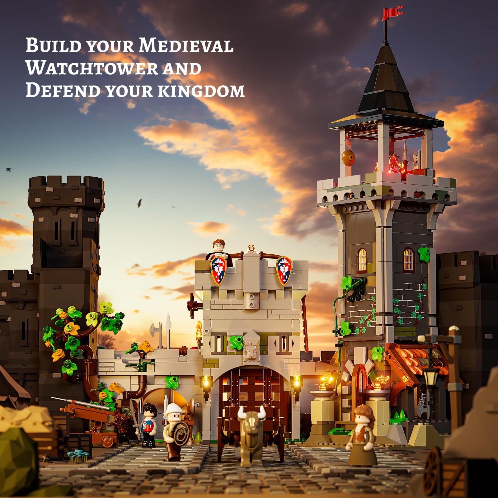 FUNWHOLE Medieval Watchtower Lighting Building-Bricks Set - Guardiance Castle with Soldier Farmer Minifigures Collectible Display Set 1625 Pcs for Adults and Teen - Image 6