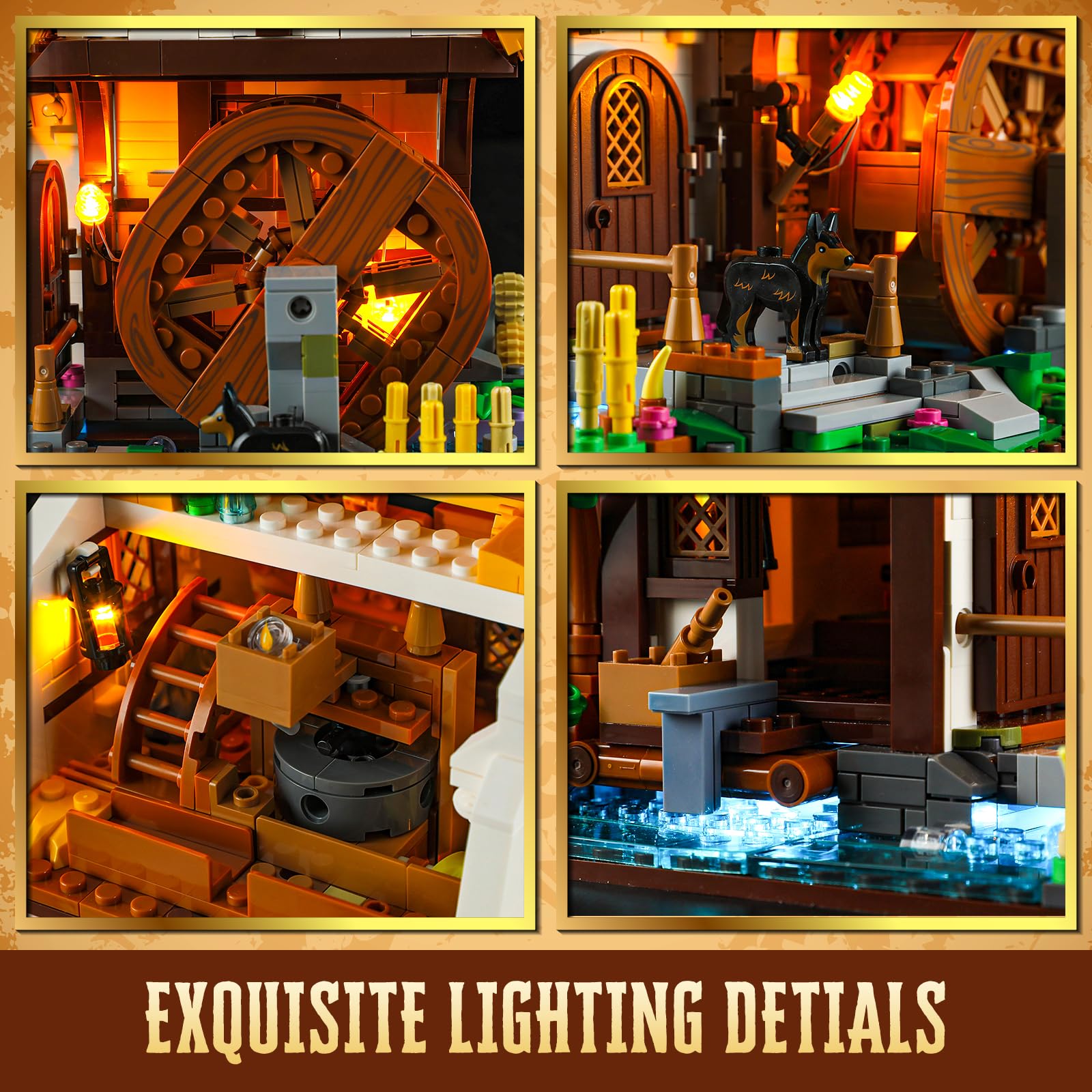 FUNWHOLE Medieval Water-Mill Lighting Building-Bricks Set - Middle Age Milling House Collection LED Light Building Construction Model Sets 1278 Pcs for Adults and Teen - Image 3