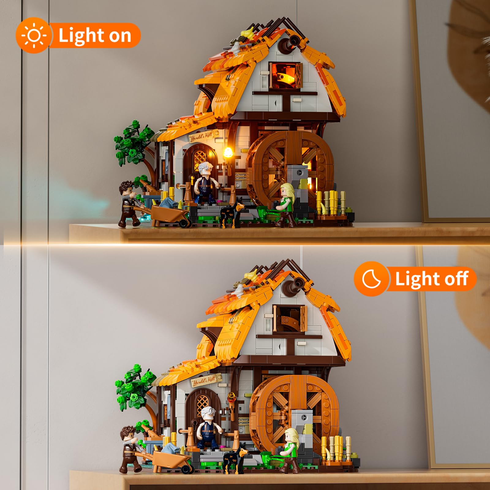 FUNWHOLE Medieval Water-Mill Lighting Building-Bricks Set - Middle Age Milling House Collection LED Light Building Construction Model Sets 1278 Pcs for Adults and Teen - Image 4