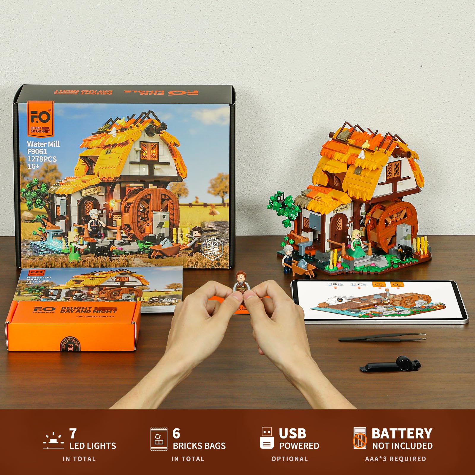 FUNWHOLE Medieval Water-Mill Lighting Building-Bricks Set - Middle Age Milling House Collection LED Light Building Construction Model Sets 1278 Pcs for Adults and Teen - Image 6