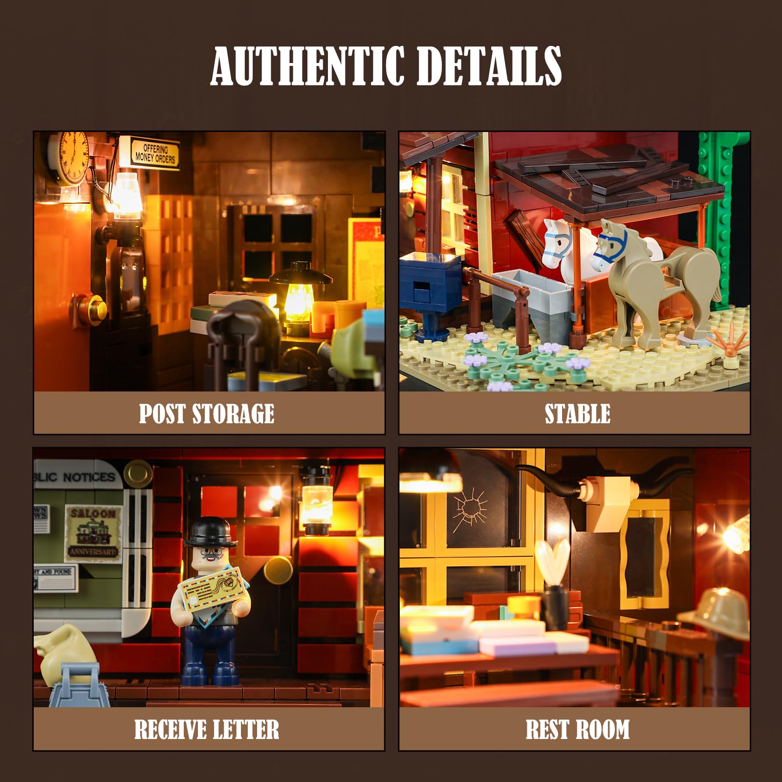 FUNWHOLE Old West Post Office Lighting Building-Bricks Set - 1692 Pcs The Wild West Town Collection Display Set for Adults and West Lovers - Image 4