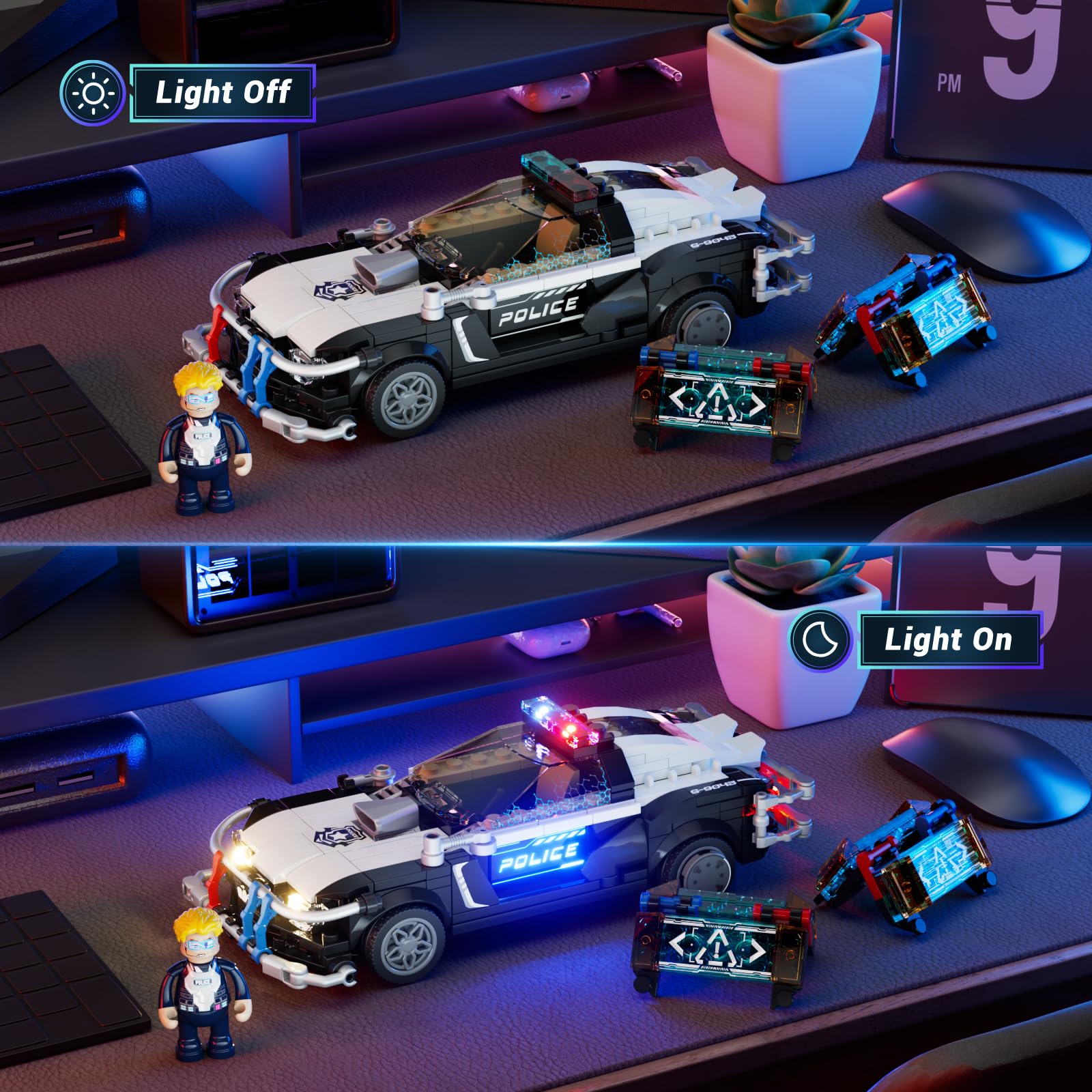 FUNWHOLE Police Patrol Car Lighting Building-Bricks Set - Cyberpunk City Car Chase Playkit with Officer 372 Pcs STEM Toys - Image 3
