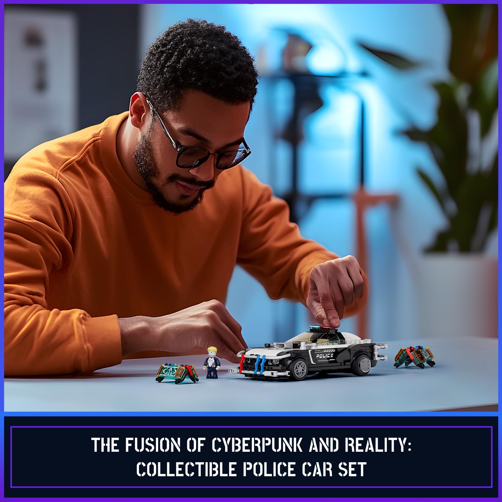 FUNWHOLE Police Patrol Car Lighting Building-Bricks Set - Cyberpunk City Car Chase Playkit with Officer 372 Pcs STEM Toys - Image 4