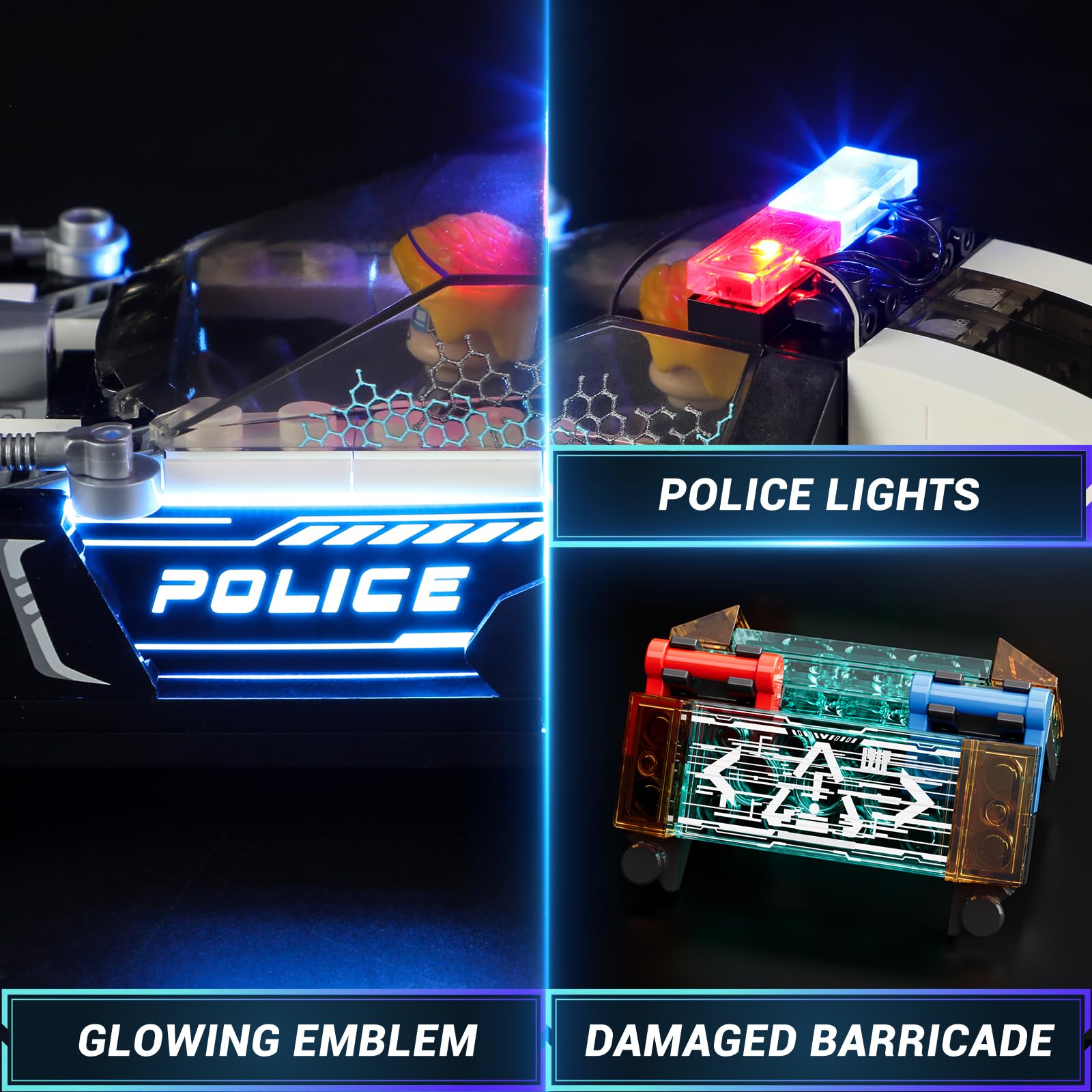 FUNWHOLE Police Patrol Car Lighting Building-Bricks Set - Cyberpunk City Car Chase Playkit with Officer 372 Pcs STEM Toys - Image 5