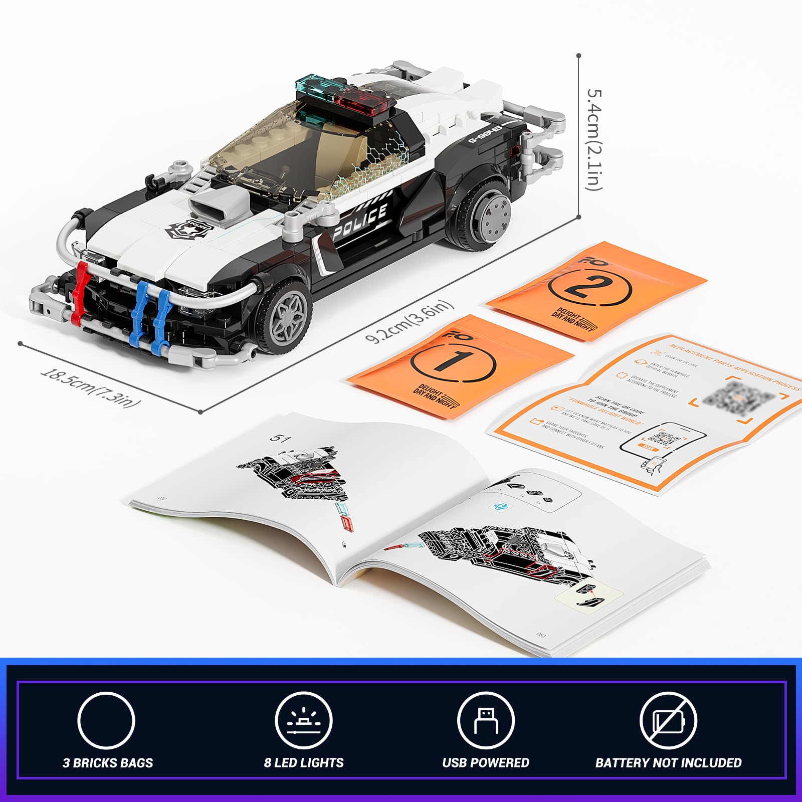 FUNWHOLE Police Patrol Car Lighting Building-Bricks Set - Cyberpunk City Car Chase Playkit with Officer 372 Pcs STEM Toys - Image 7