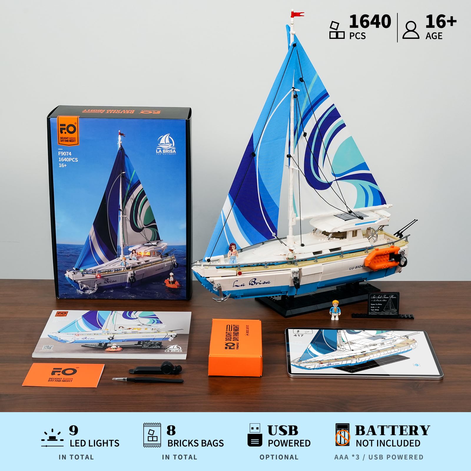 FUNWHOLE Sailboat La Brisa Lighting Building-Bricks Set - City Yacht 1640 Pcs Collection Display Set for Adults and Technic Lovers - Image 6