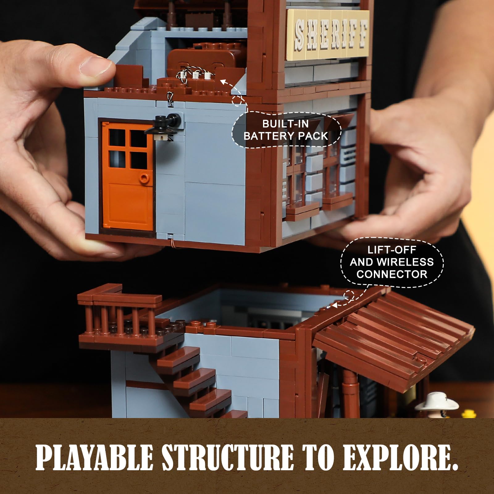 Funwhole Sheriff's-Office Lighting Building-Bricks Set - The Old West Sheriff's Office LED Light Construction Building Model Set 1240 Pcs for Adults and Teen - Image 4