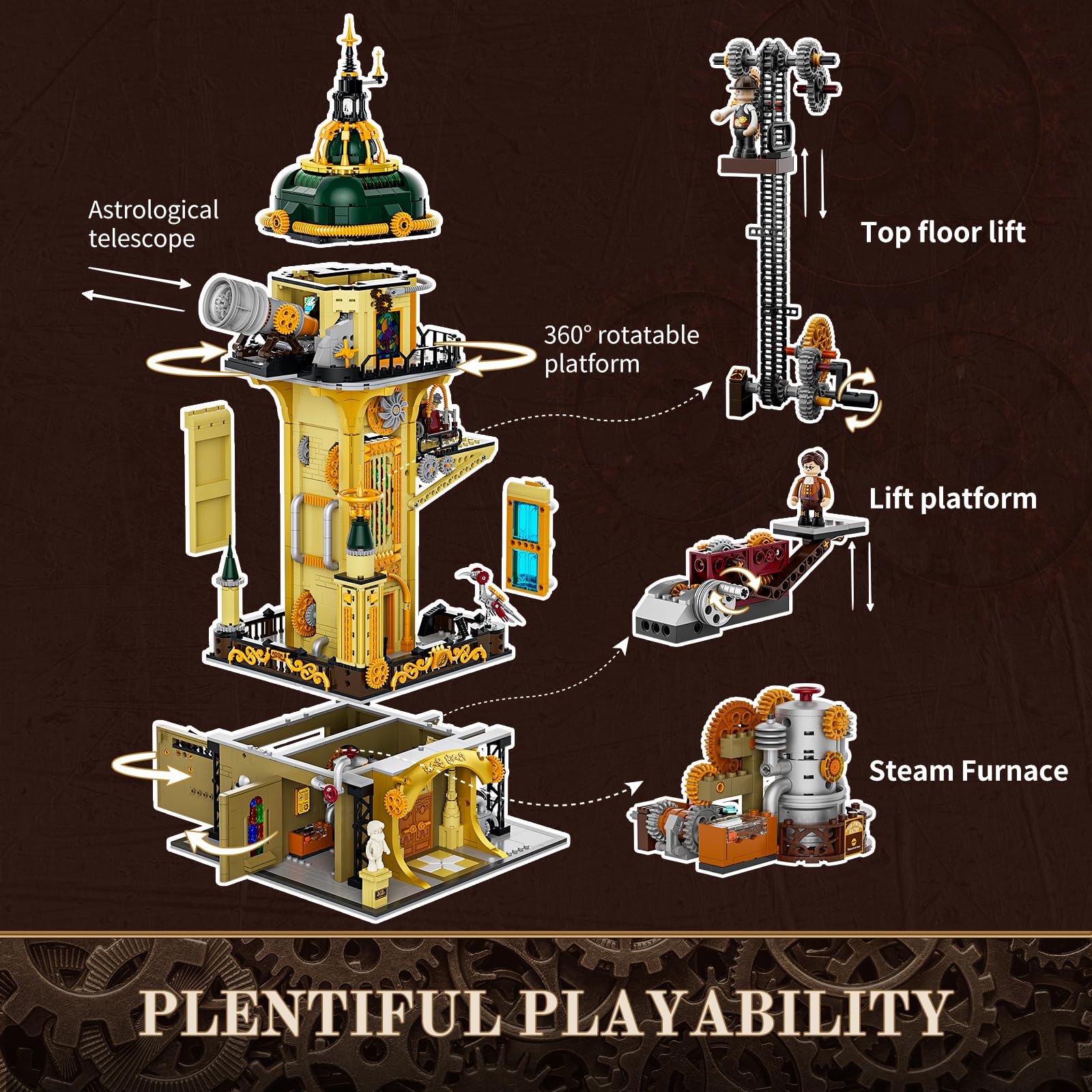 FUNWHOLE Steampunk Observatory Tower Lighting Building-Bricks Set - Astronomy Tower 2744 Pcs Collection Display Set for Adults and Steampunk Lovers - Image 4