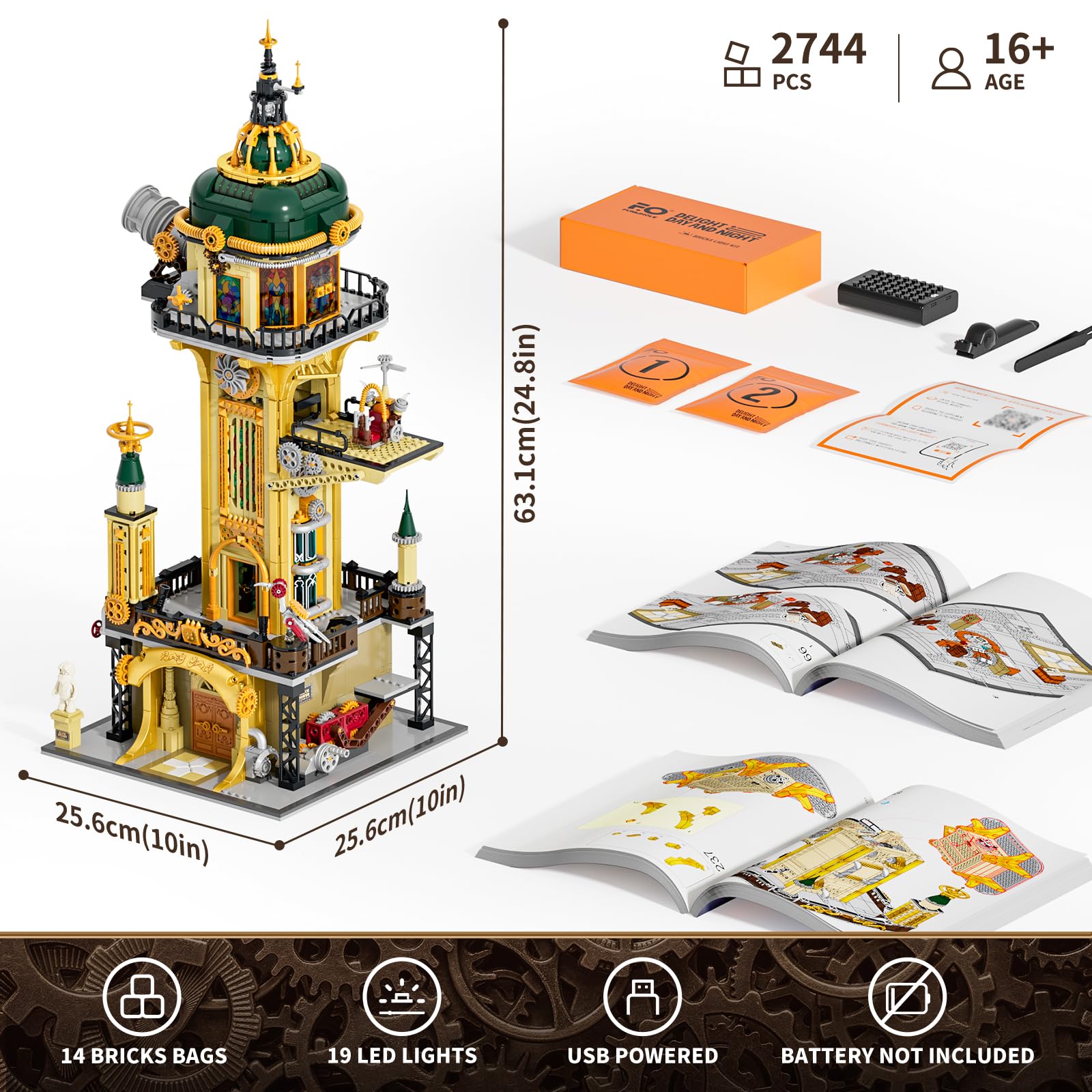 FUNWHOLE Steampunk Observatory Tower Lighting Building-Bricks Set - Astronomy Tower 2744 Pcs Collection Display Set for Adults and Steampunk Lovers - Image 6