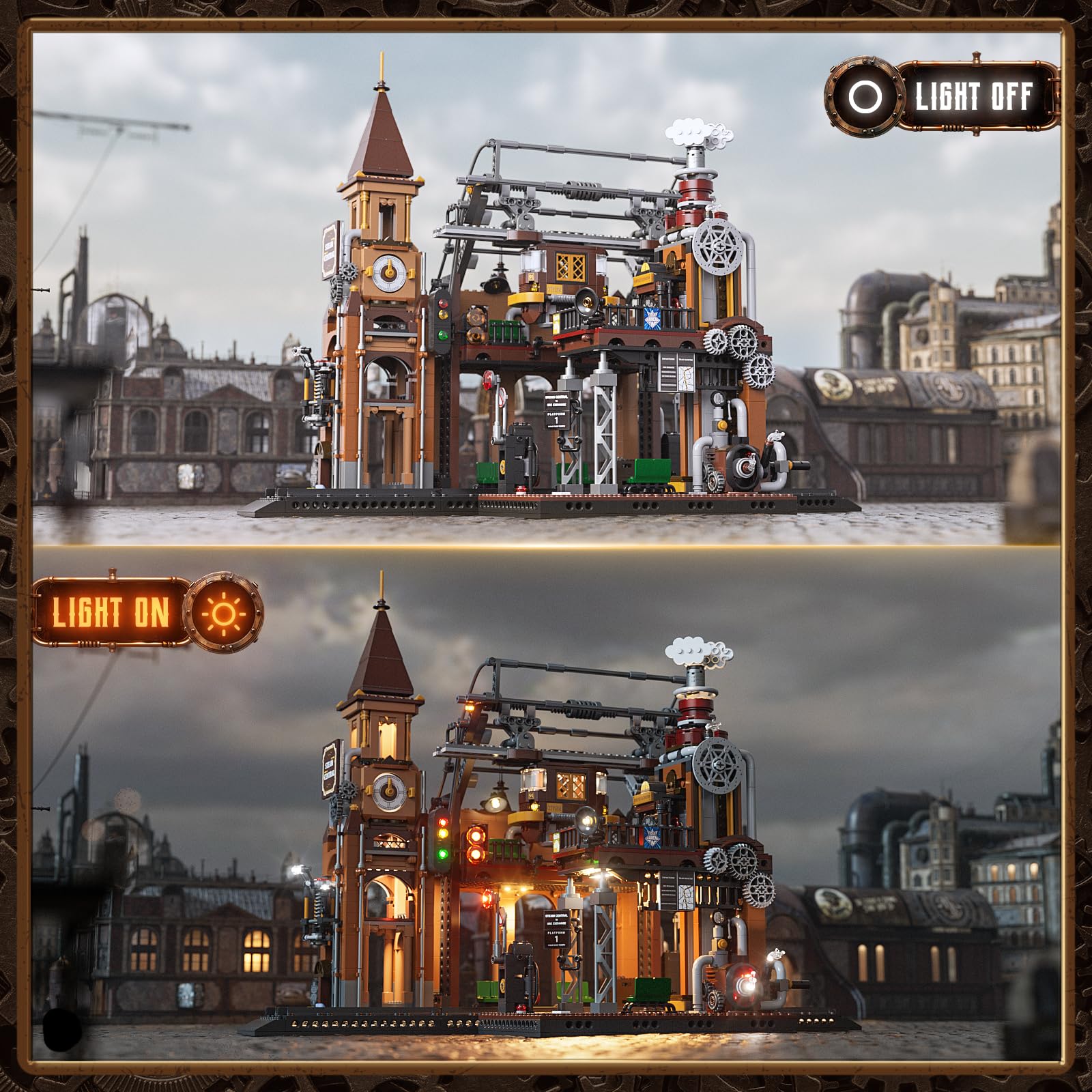 FUNWHOLE Train-Station Lighting Building Bricks Set - Steampunk LED Light Building Set 1843 Pieces for Adults and Teens - Image 3
