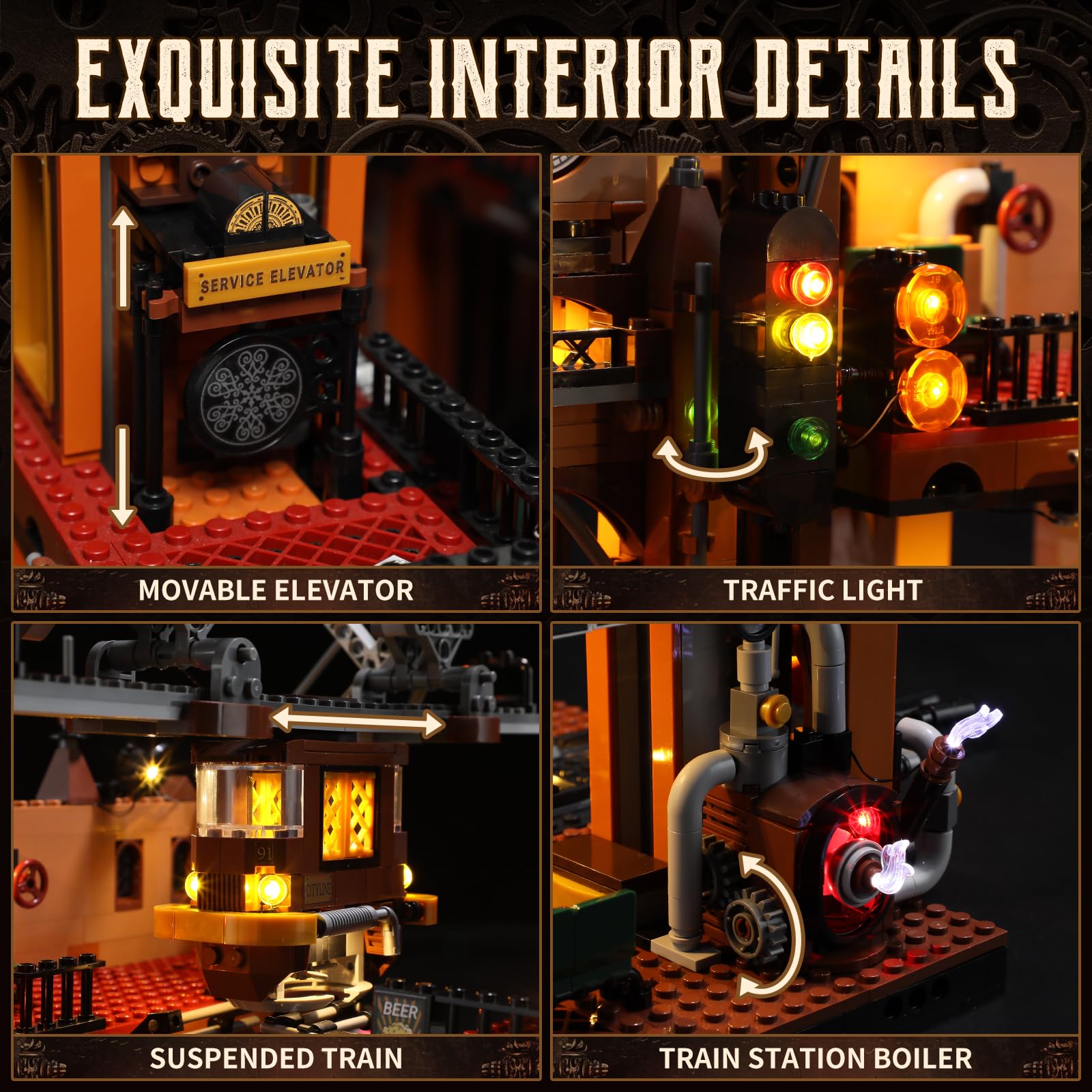 FUNWHOLE Train-Station Lighting Building Bricks Set - Steampunk LED Light Building Set 1843 Pieces for Adults and Teens - Image 4