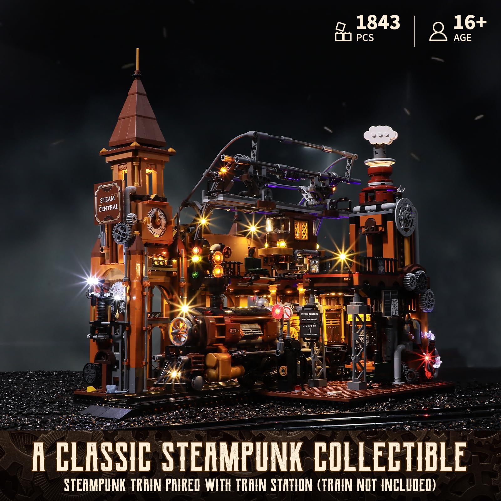 FUNWHOLE Train-Station Lighting Building Bricks Set - Steampunk LED Light Building Set 1843 Pieces for Adults and Teens - Image 5