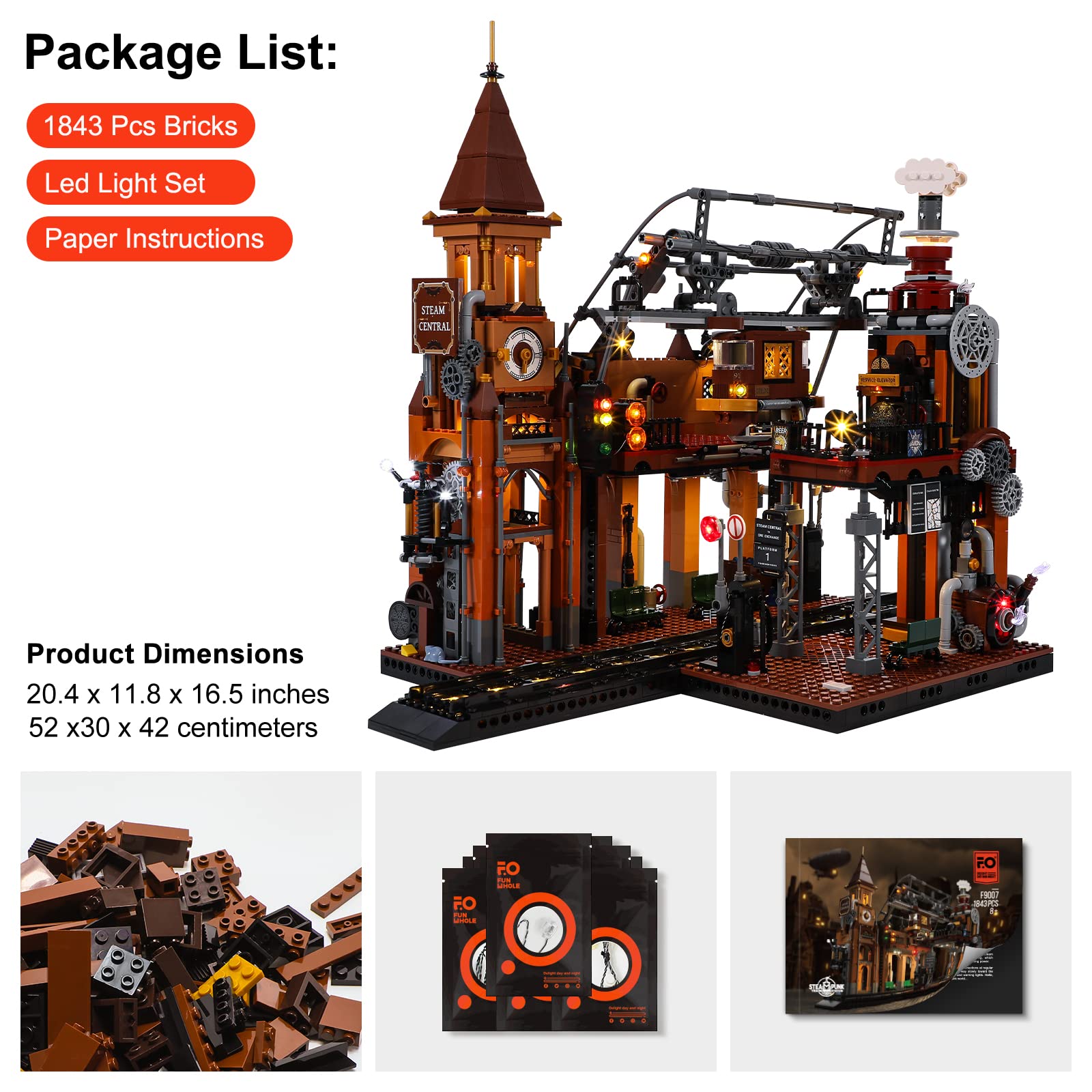 FUNWHOLE Train-Station Lighting Building Bricks Set - Steampunk LED Light Building Set 1843 Pieces for Adults and Teens - Image 6