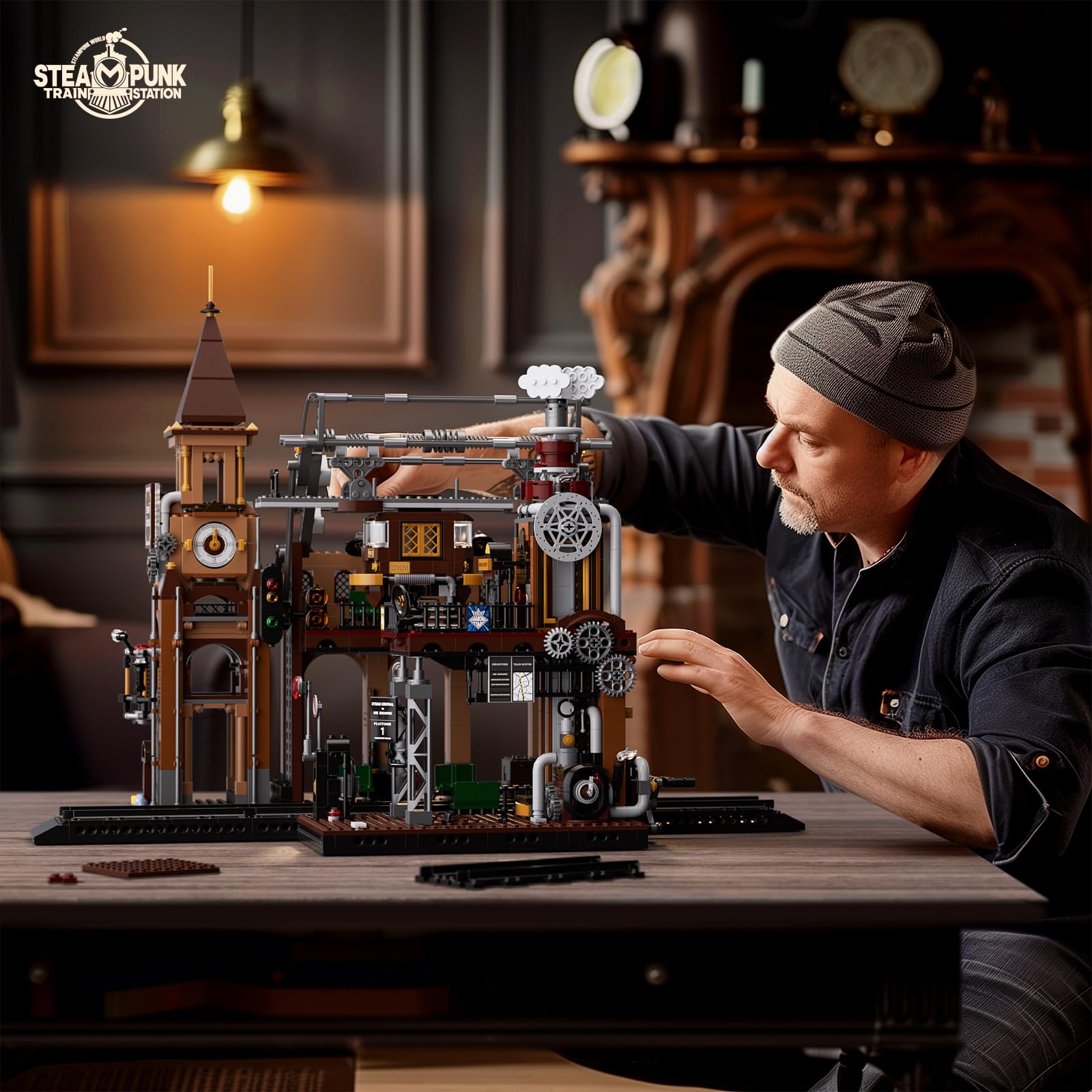 FUNWHOLE Train-Station Lighting Building Bricks Set - Steampunk LED Light Building Set 1843 Pieces for Adults and Teens - Image 7