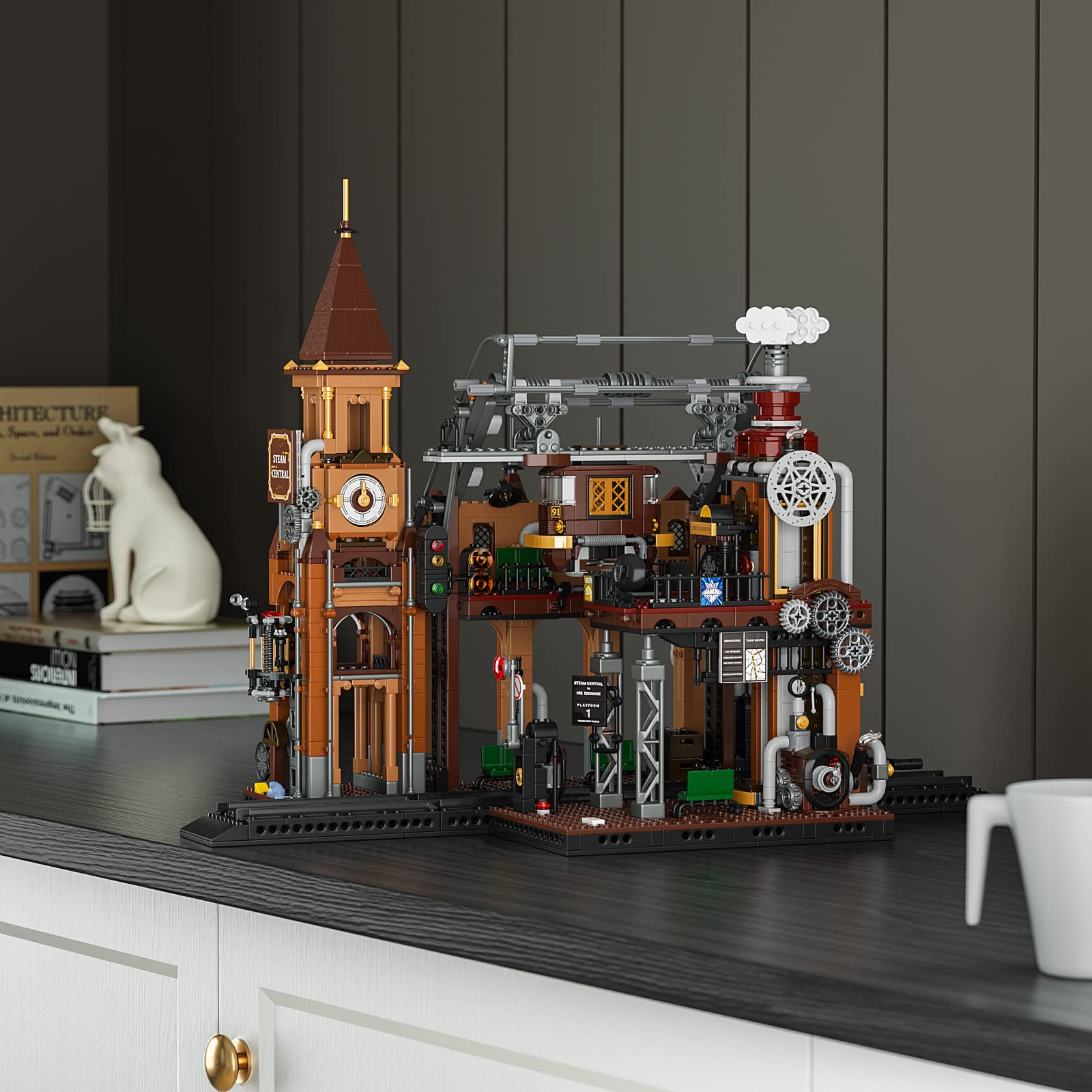 FUNWHOLE Train-Station Lighting Building Bricks Set - Steampunk LED Light Building Set 1843 Pieces for Adults and Teens - Image 8