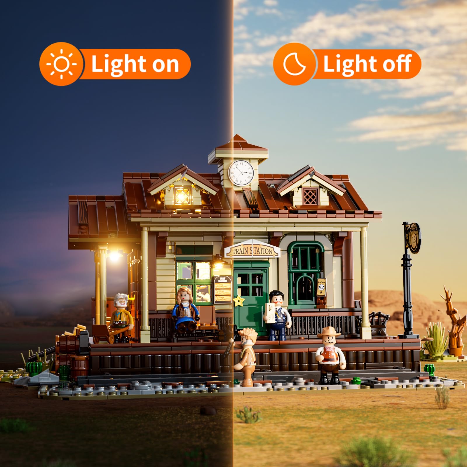 FUNWHOLE Wild West Train Station Lighting Building-Bricks Set - 1975 Pcs Collectible Train Playset for Adults and Teens - Image 3